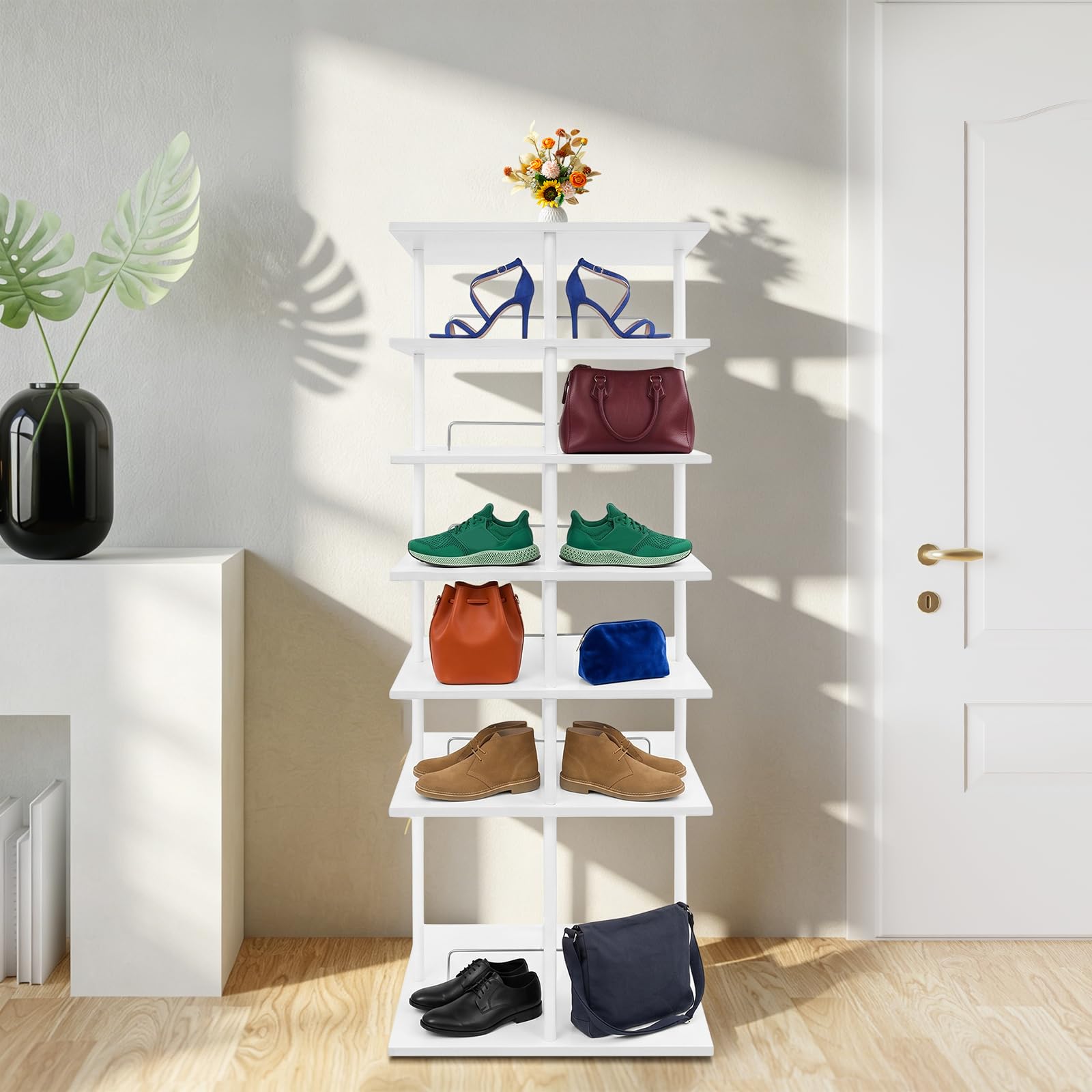 6 Ebenen Drehbare Schschrank Schuhaufbewahrungsregal | 360° drehbar, Schuhregal, weiß 57x57x155cm, Schuhständer Aufbewahrung für Flur