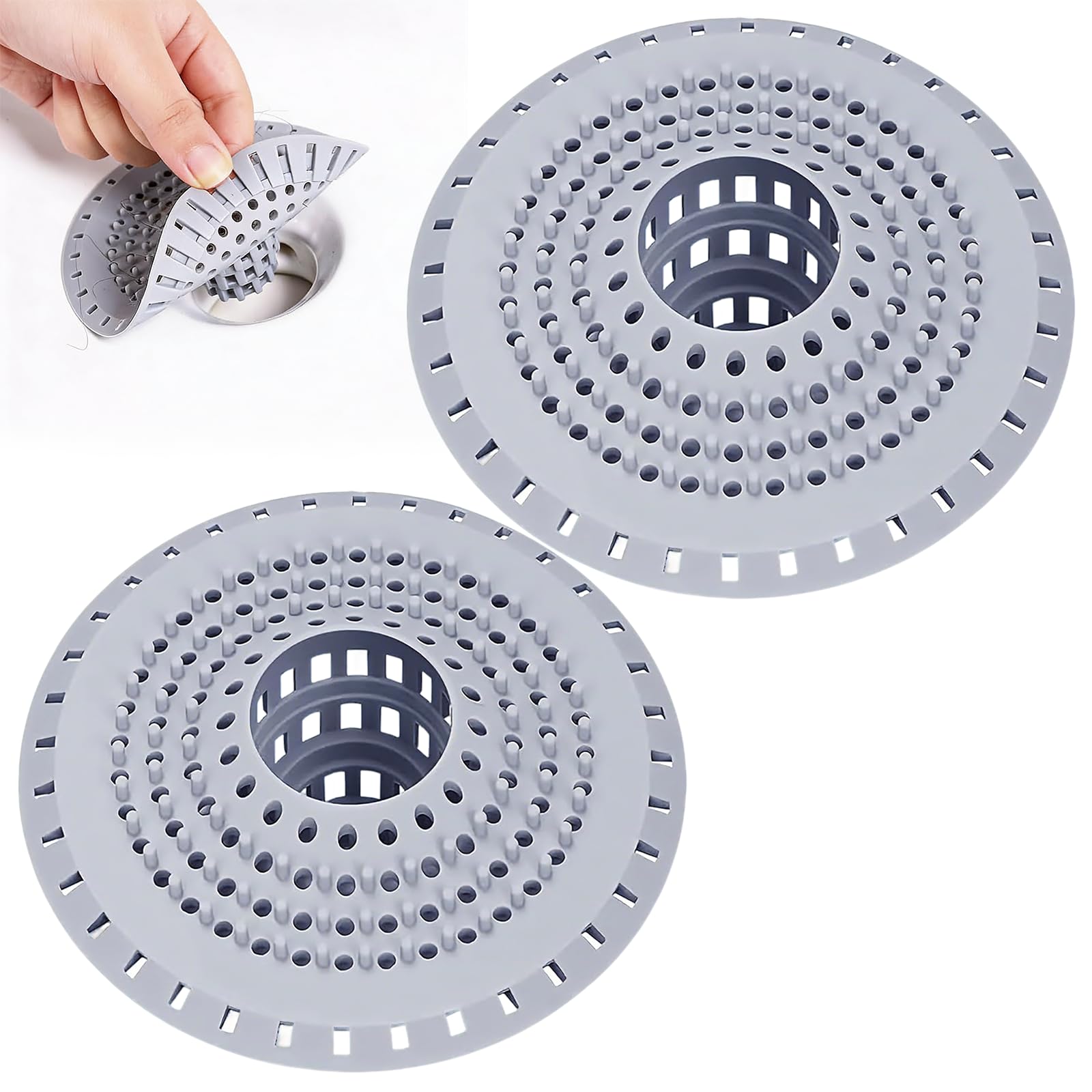Terilamy Grey 2 Pcs Silicone Drain Hair Catcher, 12.5Cm Sink Strainer Cover Protector, Shower Drain Cover Prevent Clogging Soil Resistance For Bathroom, Bathtub, Kitchen（Grey）