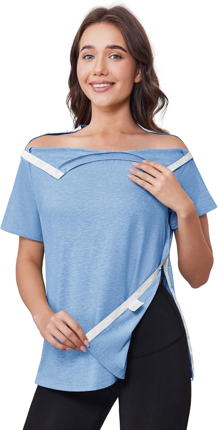 Deyeek Post Shoulder Surgery Shirts for Women Tear Away Side Snap Chemo Port Shirts Short Sleeve Adaptive Clothing