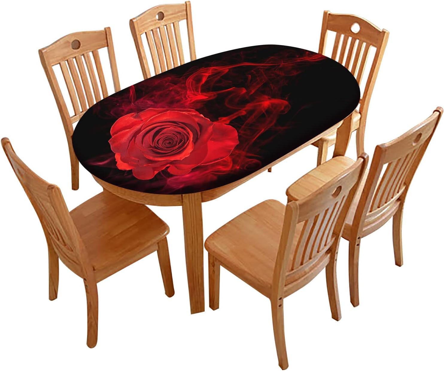 Red Christmas Oval Tablecloths, Golden Snowflake Print Elastic Fitted Table Cloth, Windproof Oblong Covers for Indoor Dinner and Outdoor Patio Decor, Fits Tables up to 48'' x 68''