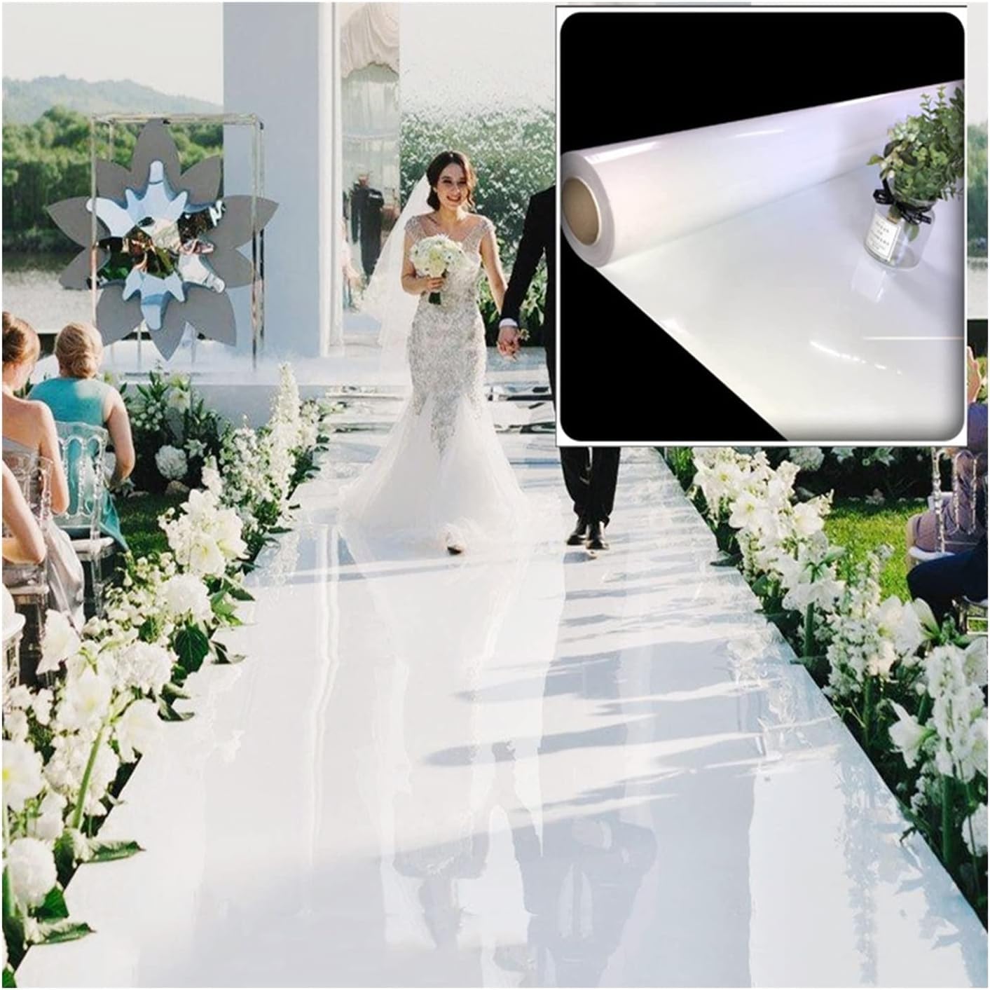 Allée de mariage sans raccord grâce au tapis réfléchissant en miroir en rouleau continu