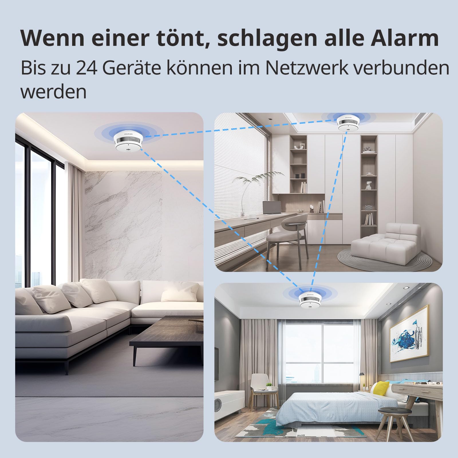 Wisualarm Rauchmelder Vernetzt mit Basisstation (10er Set + 1 Gateway + 10 Magnetpads), Intelligenter Feuermelder mit App für Haus & Büro, 10-Jahres-Batterie, DIN EN 14604 Zertifiziert