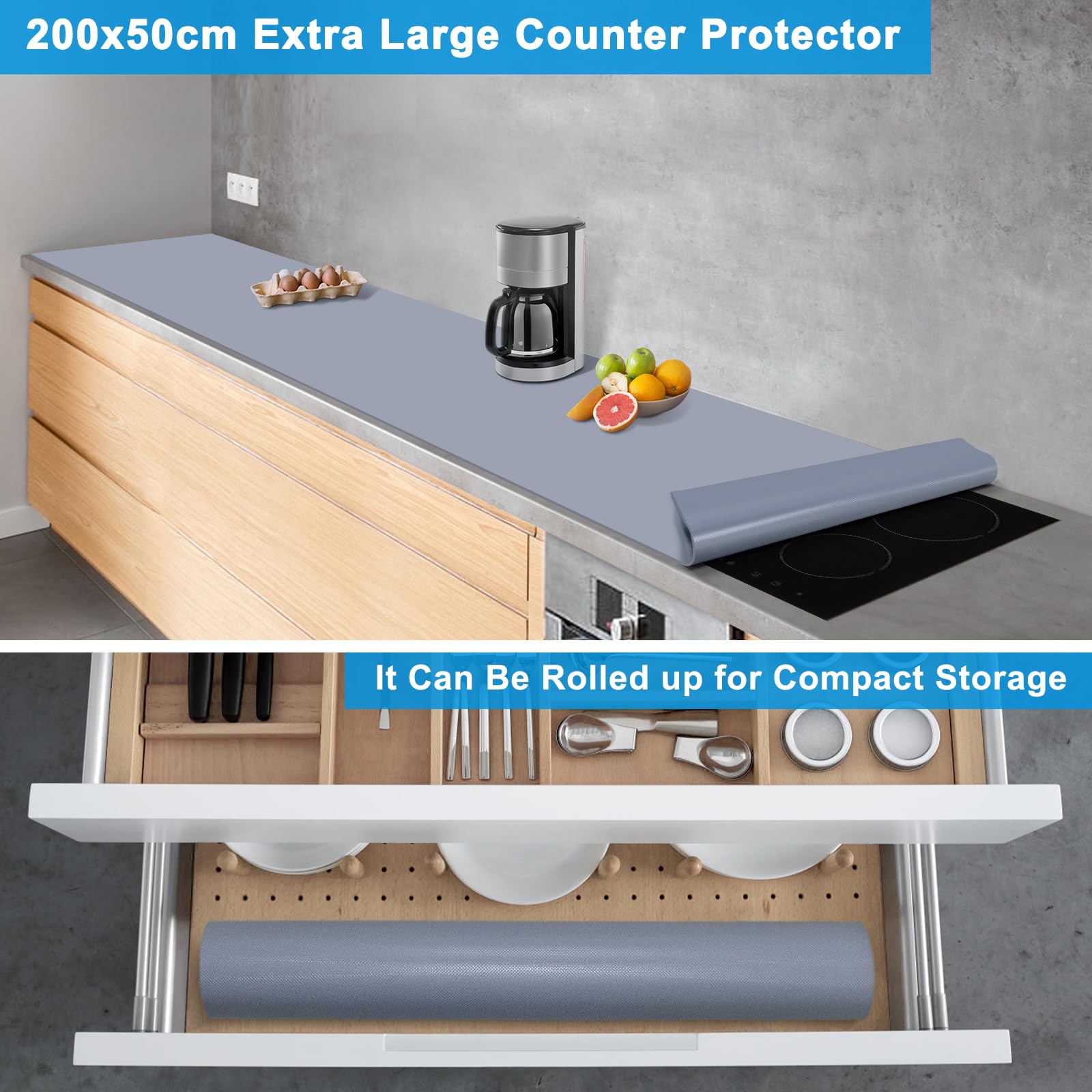 AECHY Extra große Silikonmatte, 200 x 50 x 0,20 cm, Mehrzweck-Silikonmatte, dick, hitzebeständig, gerollt, Küchentheke, wasserdichte Silikonmatten für Küchentheke, Dunkelgrau | Dicke, rutschfeste Silikon-Thekenmatte, wasserdichter Küchen-Arbeitsplattensch
