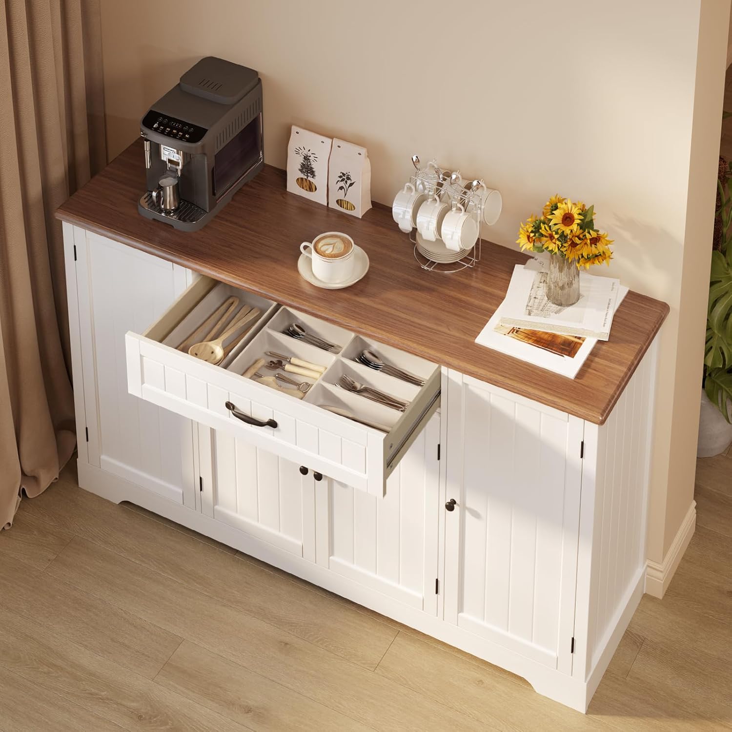 Gizoon 56" Kitchen Coffee Bar Cabinet with Storage Kitchen Sideboard Buffet Cabinet with Drawers, Short Pantry with Door and Shelves for Bathroom and Living Room, White and Rustic