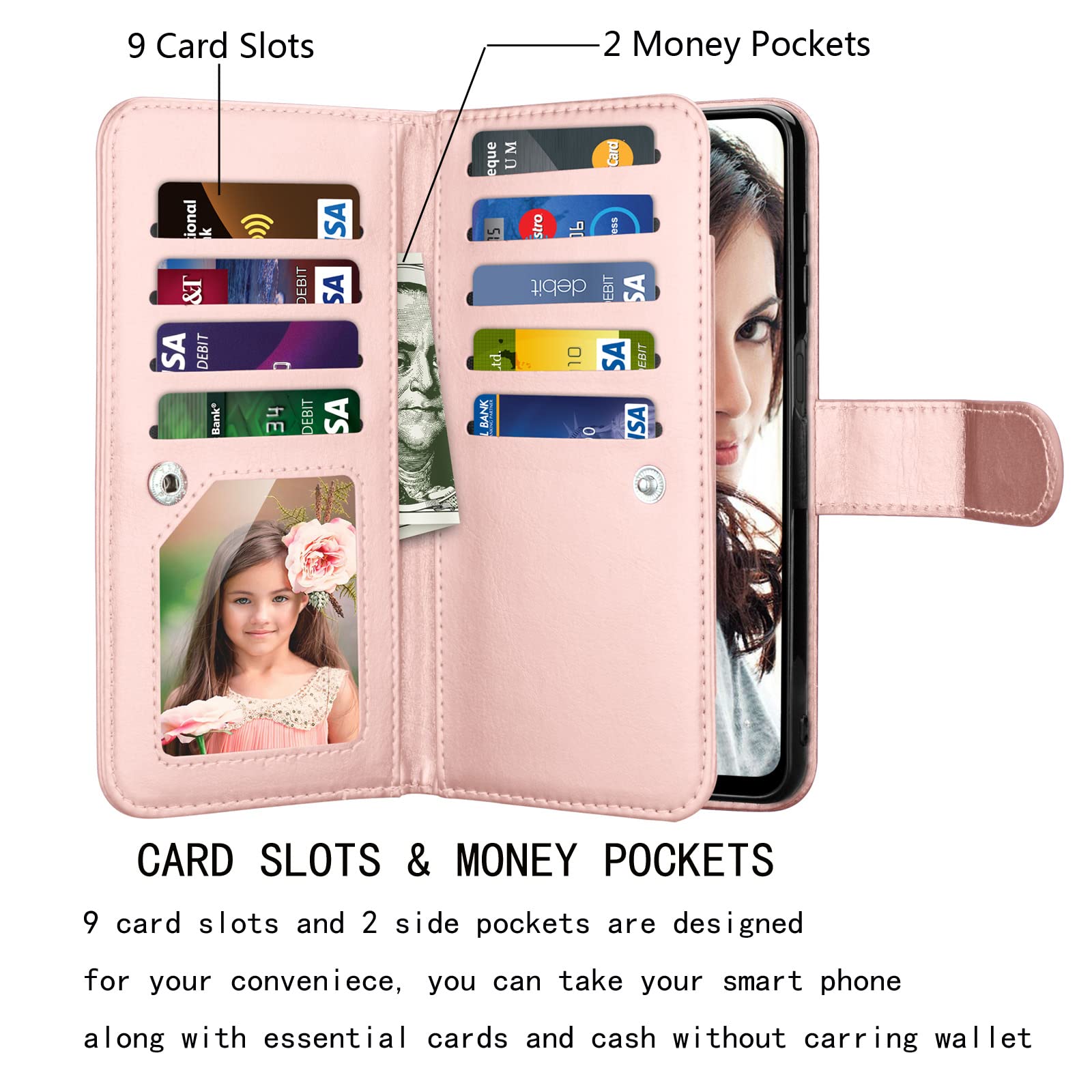 NJJEX for Moto Edge 2021 Case, for Motorola Moto Edge 5G UW Wallet Case, [9 Card Slots] PU Leather ID Credit Holder Folio Flip [Detachable] Kickstand Magnetic Phone Cover & Lanyard [Rose Gold]