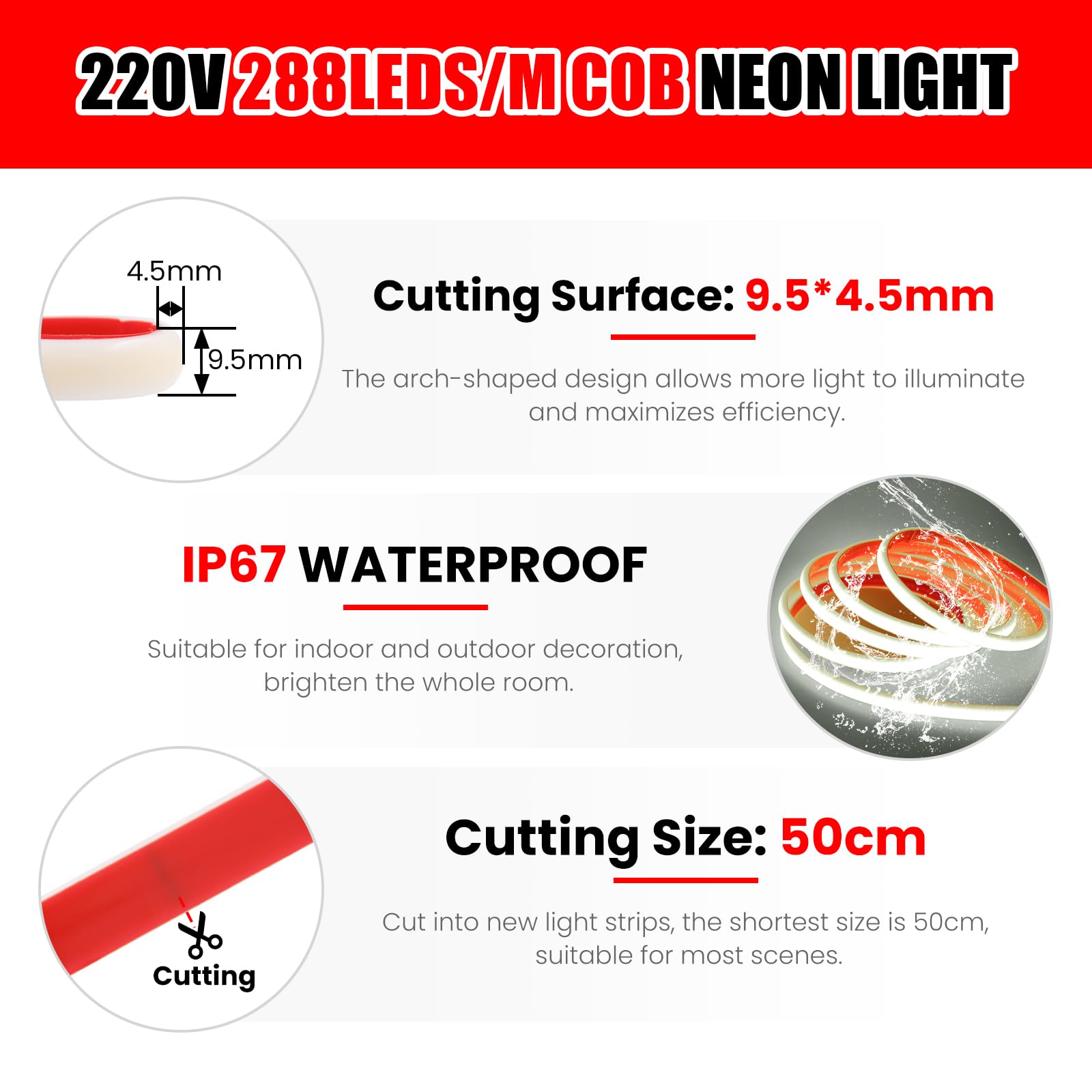 220V Tira LED neón COB de silicona con encendido/apagado [50M,Blanco 6000-6500K],flexible e impermeable IP65,288 LEDs/m Tira LED FCOB recortable CRI85+,iluminación para hogar/tienda