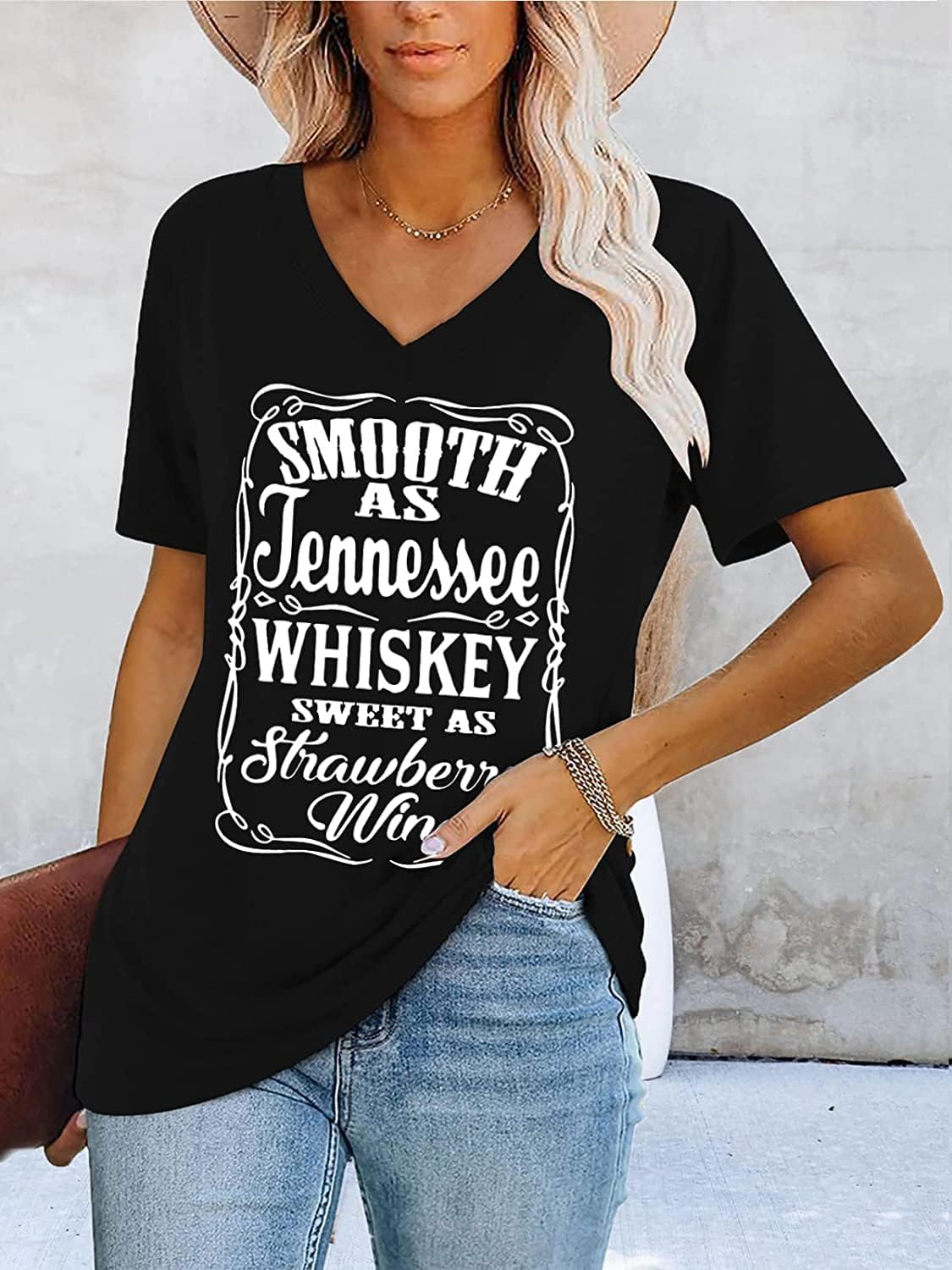 Smooth as Tennessee Whiskey Sweet as Strawberry Wine T Shirt Women V-Neck Country Music Tee Tops Drinking Blouse - Image 4