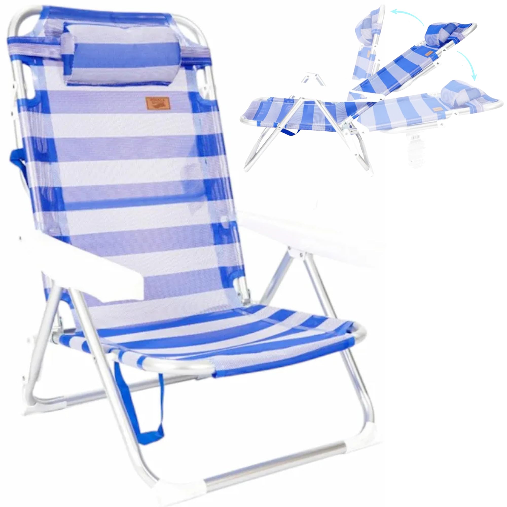 DEVESSPORT Silla de Playa Plegable y Reclinable multiposición, Estructura de Aluminio Ligera (2 kg), Tipo Bolso con Asas, Cojín Reposacabezas, Tela Textileno Transpirable a Rayas (60x50x82 cm)
