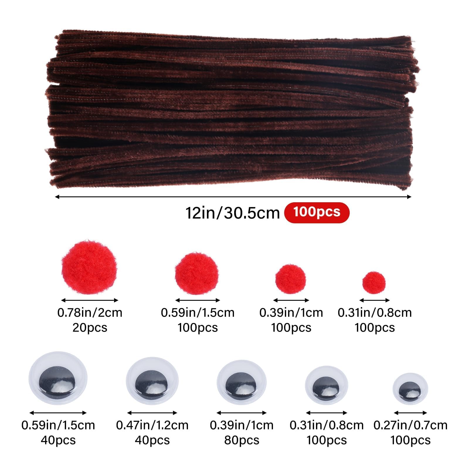 TOAOB 100pcs Fil Chenille Tiges De Fils Chenille Marron Cure Pipes Cleaner Couleurs Assorties Cleaners Crafts Set 6mm X 300mm Pour DIY Artisanat Décoration Fournitures Loisirs Creatifs