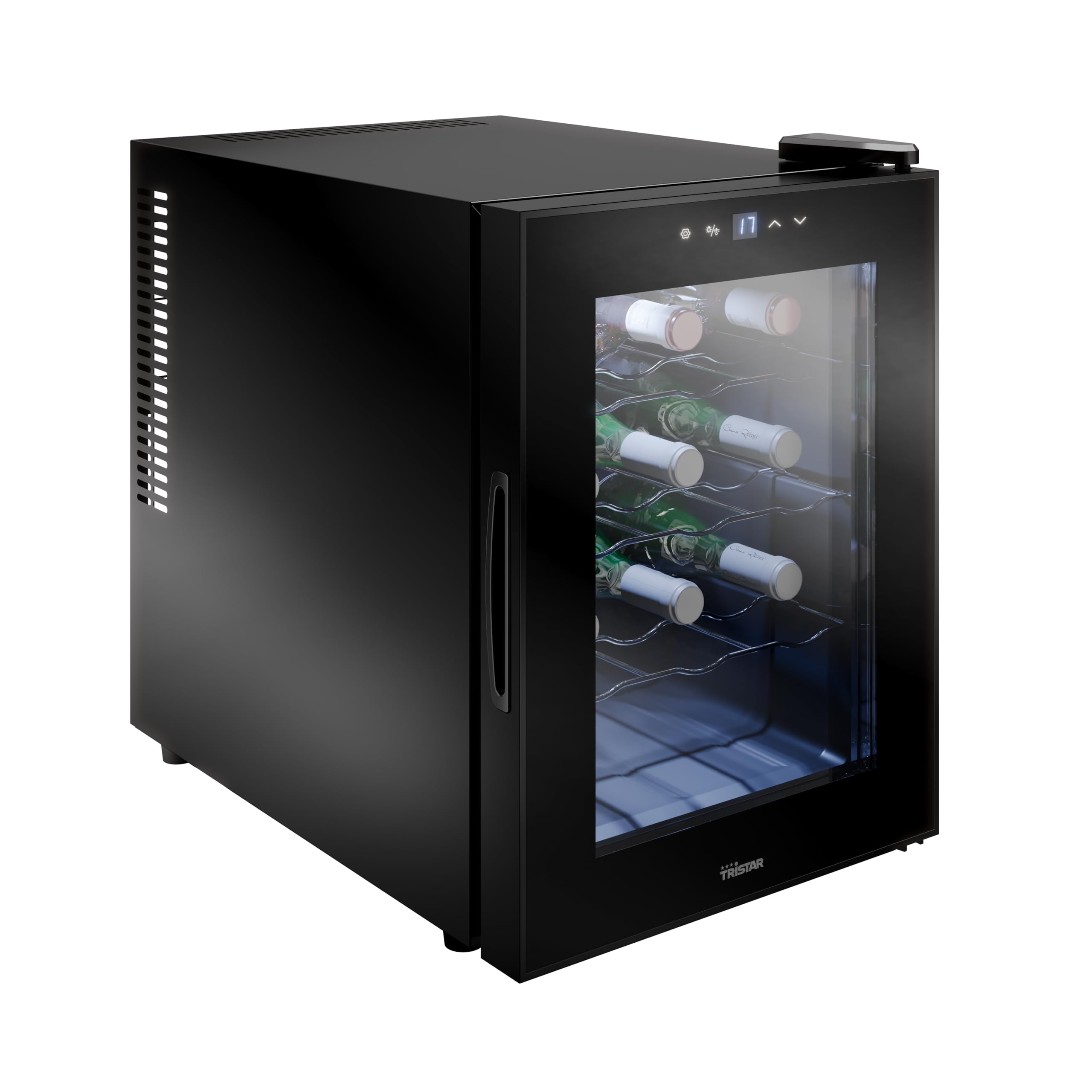 Tristar Vinoteca Termoeléctrica Grande Saignée, Para hasta 12 botellas, Silenciosa y estable, Puerta de vidrio, 4 niveles, Pantalla táctil LED, Iluminación interior, WR-7511