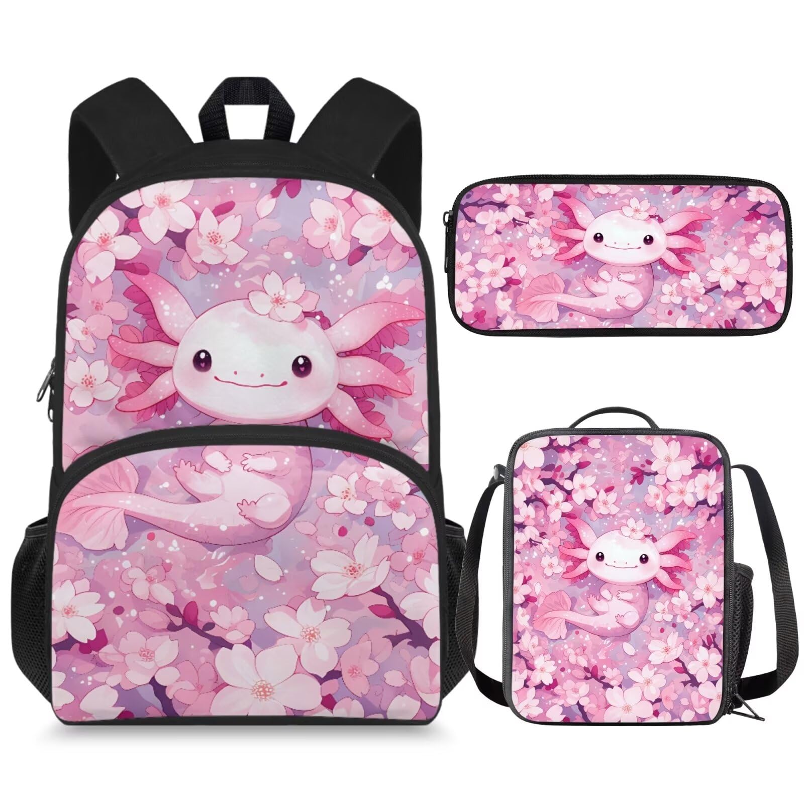 Luarisgur Axolotl School Backpack for Girls 8-10 Cute Cherry Blossom Kindergarten Elementary Middle School Book Bag with Lunch Box Pencil Case for
