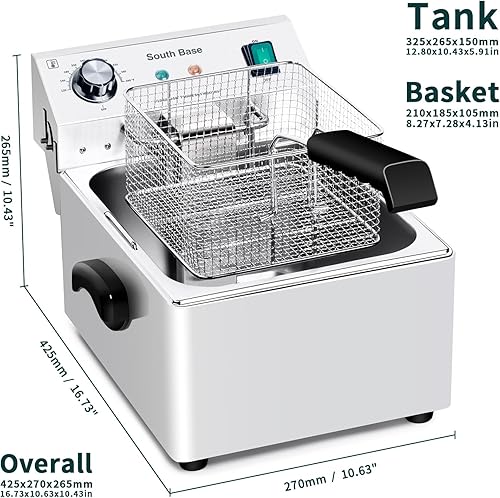 Miniatura 6 de South Base Freidora eléctrica comercial de acero inoxidable con cesta y tapa, freidora eléctrica extraíble de 10 litros con control de temperatura