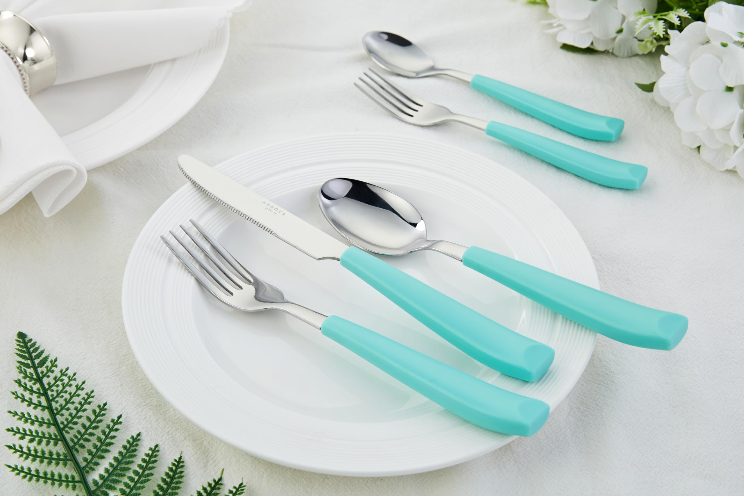 ANNOVA Set di posate, set di posate con manico colorato in acciaio inossidabile, include coltelli da tavola, forchette, cucchiai, forchette da insalata e cucchiai da dessert(20 Pieces, Turquoise)