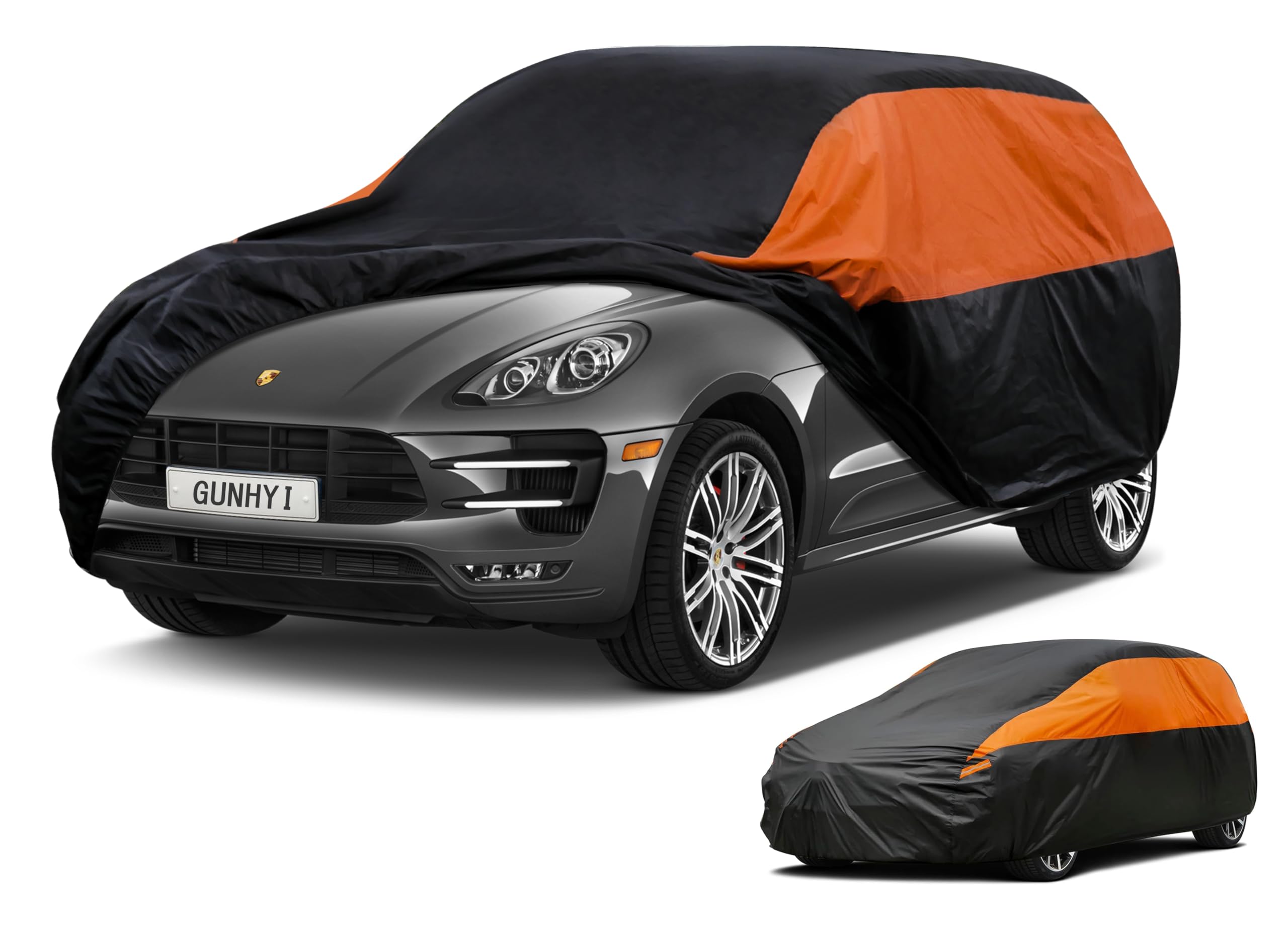 GUNHYI Waterproof Lightweight SUV Full Car Cover Custom Fit Macan | All‑weather Outdoor sun/rain/dust/snow/wind/UV protection, breathable tear‑resistant fabric, black‑orange design,storage bag