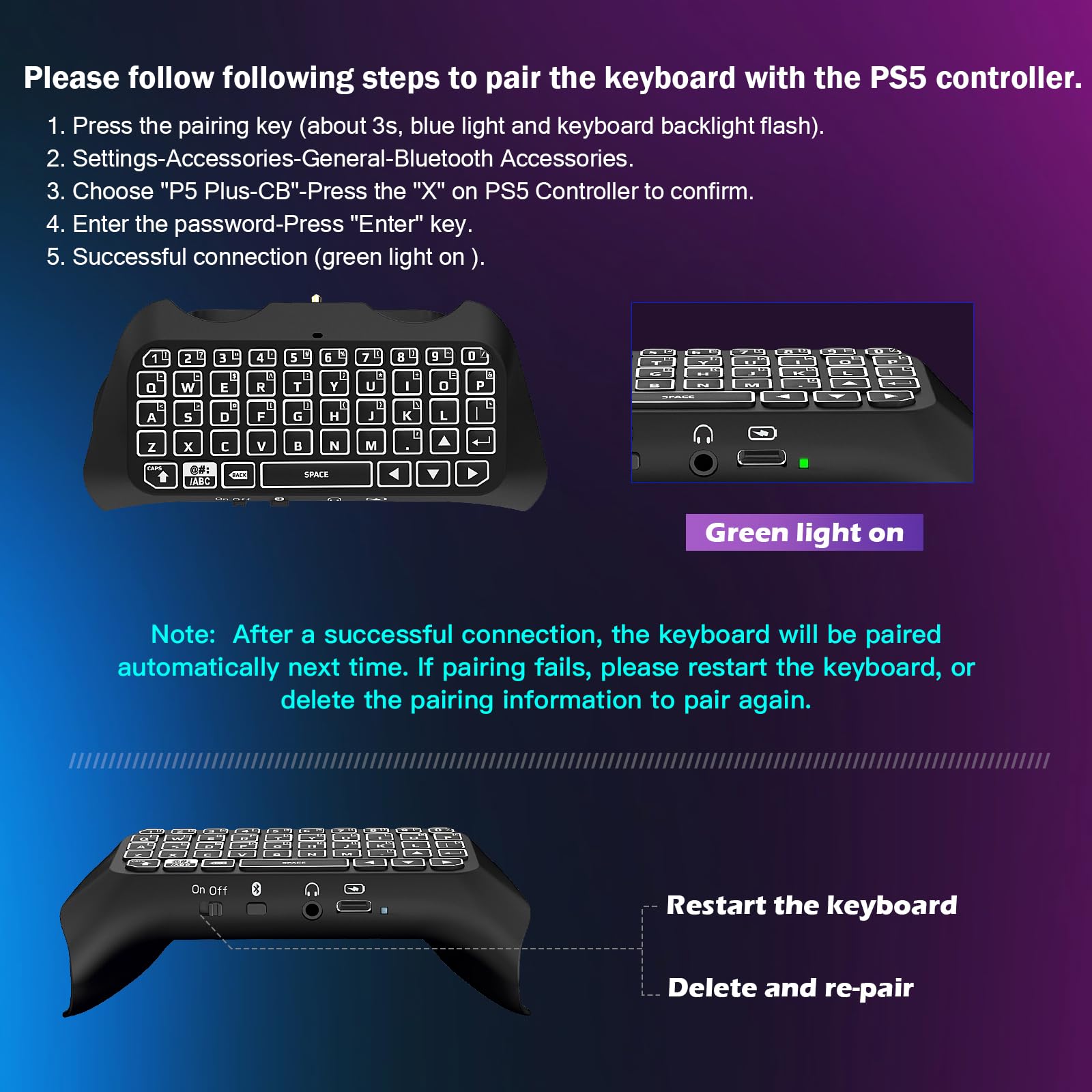 TiMOVO Tastiera retroilluminata RGB multicolore per PS5, tastiera wireless Bluetooth mini PS5 Game Keyboard con altoparlante jack audio, nero