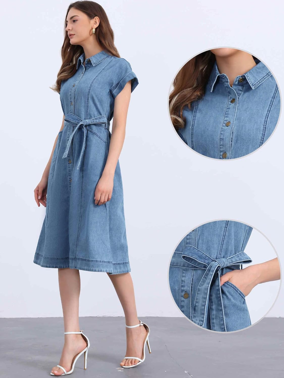 Allegra K Denim Shirt Dress for Women's Casual Button Down Short Sleeves Belted Jean Midi Dress 2025 Trendy Outfits - Image 4