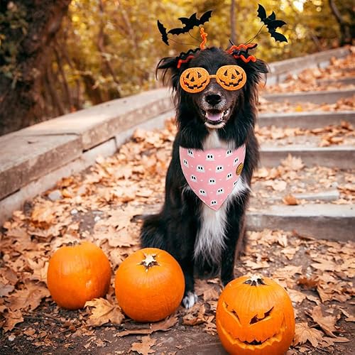 Miniatura 3 de CROWNED BEAUTY Bandanas de Halloween reversibles para perros, paquete de 2 unidades, juego de fantasma rosa, bufandas triangulares ajustables para