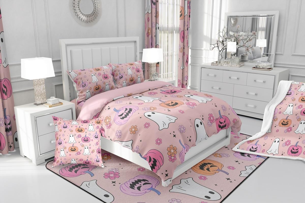 Erosebridal Halloween Decor Quilt Cartoon Pumpkin Comforter Set Toddler Size for Kids Bedroom Ghost Bedding Set Groovy Flower Duvet Insert Toddler Size with 1 Pillow Case