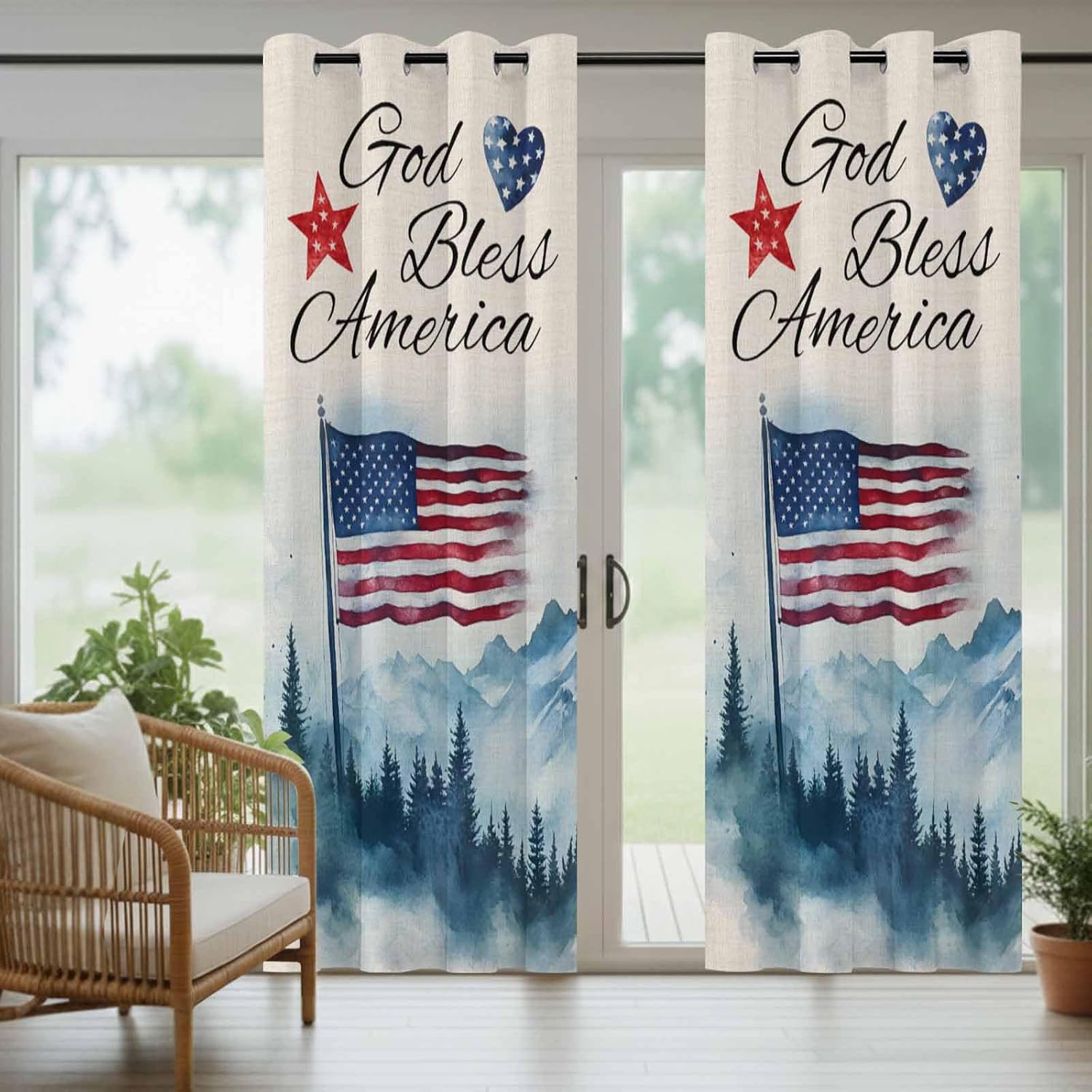 Outdoor Curtains for Patio Waterproof Weatherproof 4th of July Porch Curtains for Outside Independence Day American Flag Forest Grommet Privacy Drapes for Pergola Gazebo Cabana, 1 Panel,54"Wx84"L