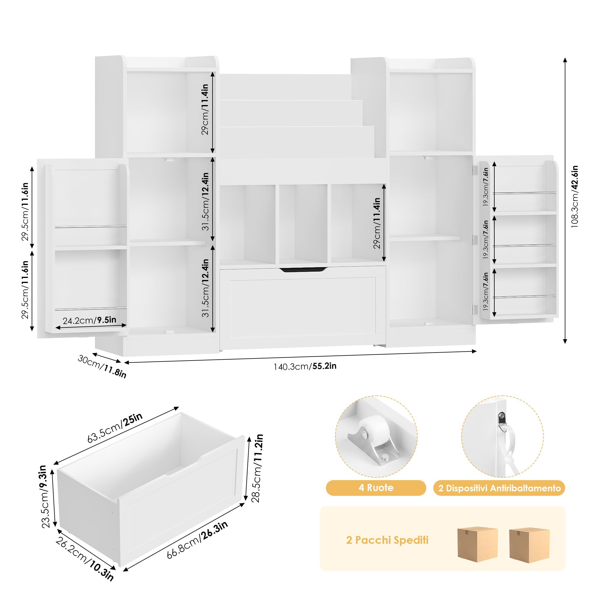 FOREHILL Libreria Montessoriana per Bambini, Organizer Giocattoli con Ripiani della Porta, Mobile Porta Giochi con Portariviste, 1 Cassetto con Ruote, 7 Scomparti Aperti, 140.3x30x108.3 cm (Bianco)