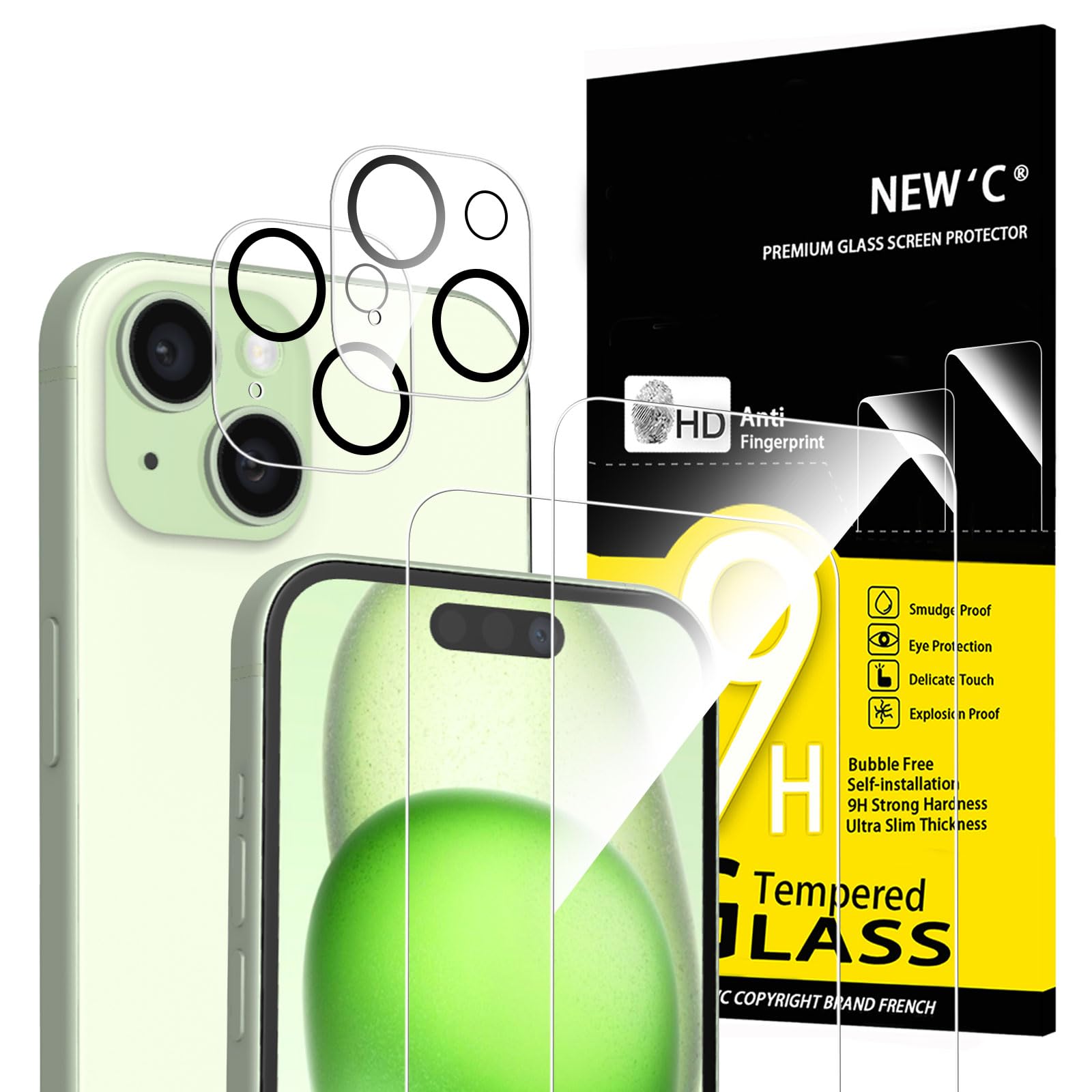 NEW'C 4 Pezzi, 2 x Pellicola Vetro Temperato per iPhone 15 (6,1") e 2 x Pellicola Vetro Protettiva Fotocamera Posteriore per iPhone 15 (6,1")-Ultra Resistente - Vetro Durezza 9H