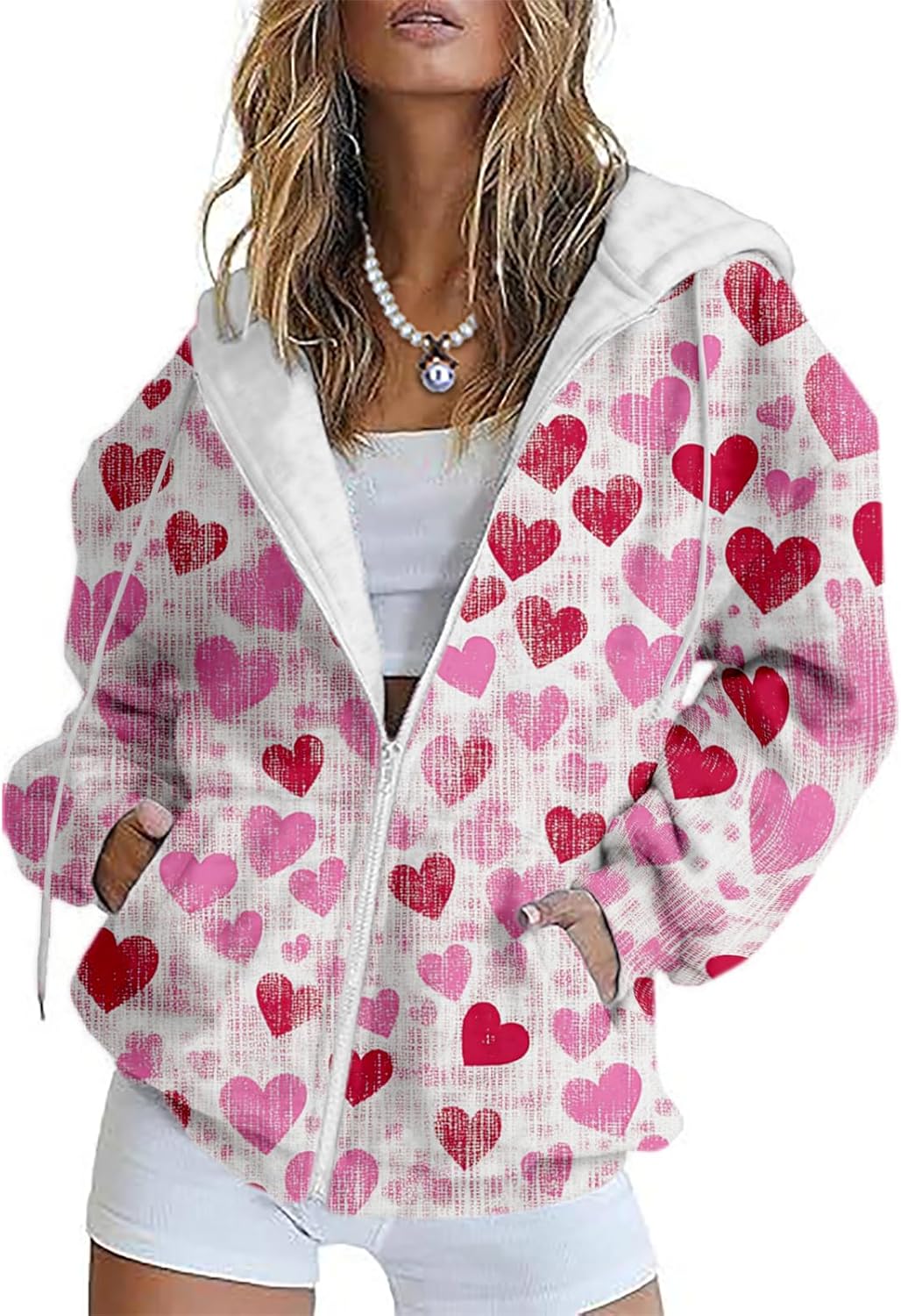 MARSVOVO Cute Love Heart Hooded Sweatshirt Women Dressy Casual Zip Up Hoodies Spring Fall Long Sleeve Blazers Jackets