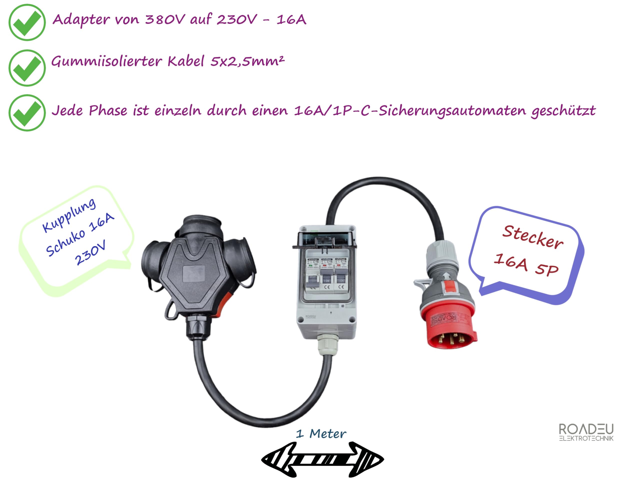 RoadEu - Adattatore ad Alta Corrente con Interruttori. Spina 16A, presa 3x 220V. Scatola fusibili con Interruttore automatico C16A. Prolunga 1m, Ideale per il garage il capanno o il giardino