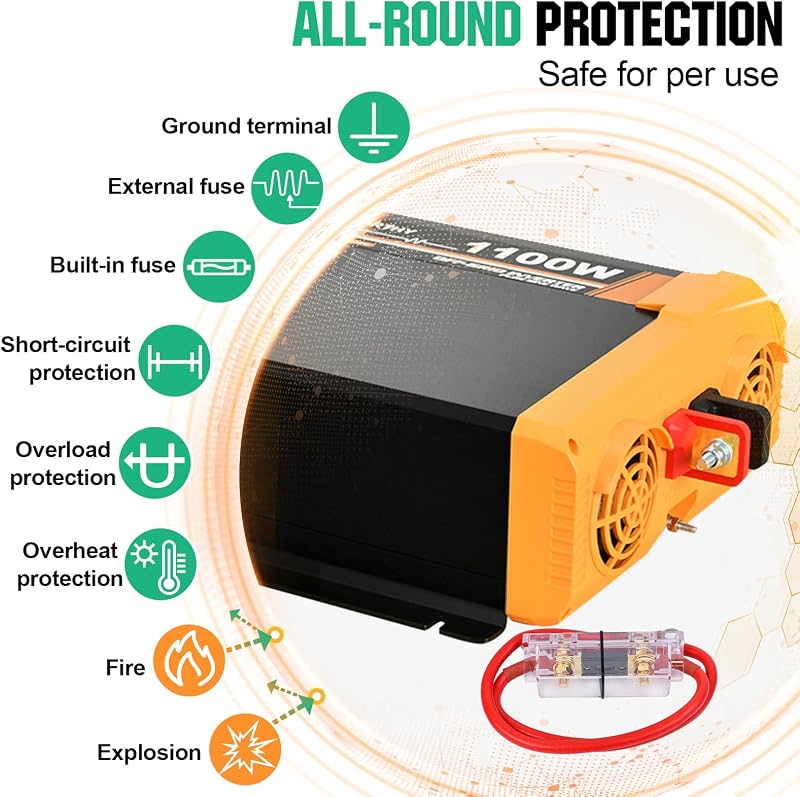 ECO-WORTHY 1100W Inverter 12V-230V Tiszta Szinusz, USB és AC Aljzat