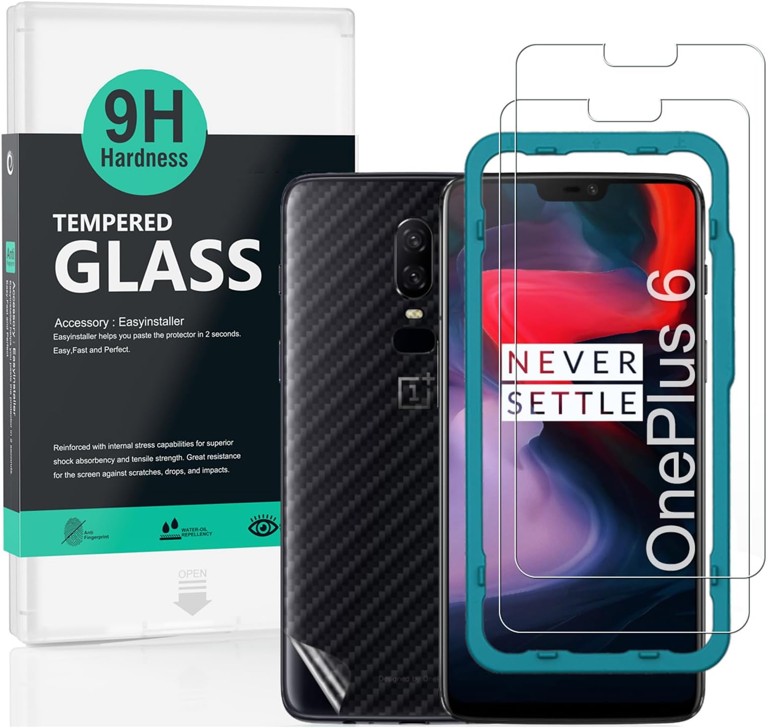 For OnePlus 6 Screen Protector 6.28",2 Pack 9H Hardness Tempered Glass,With 1Pc Back Carbon Fiber Film,Easy to install
