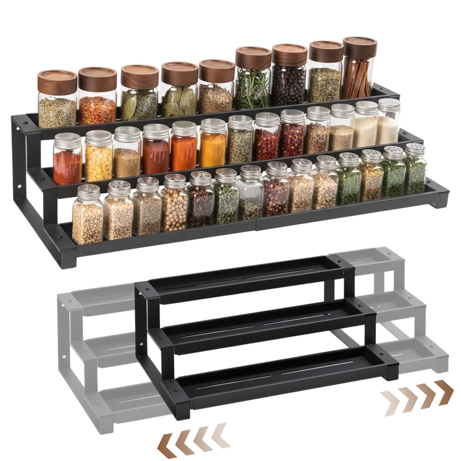 3 Tier Spice Rack for Inside Cupboard, Expandable 37cm-66cm Spice Organizer