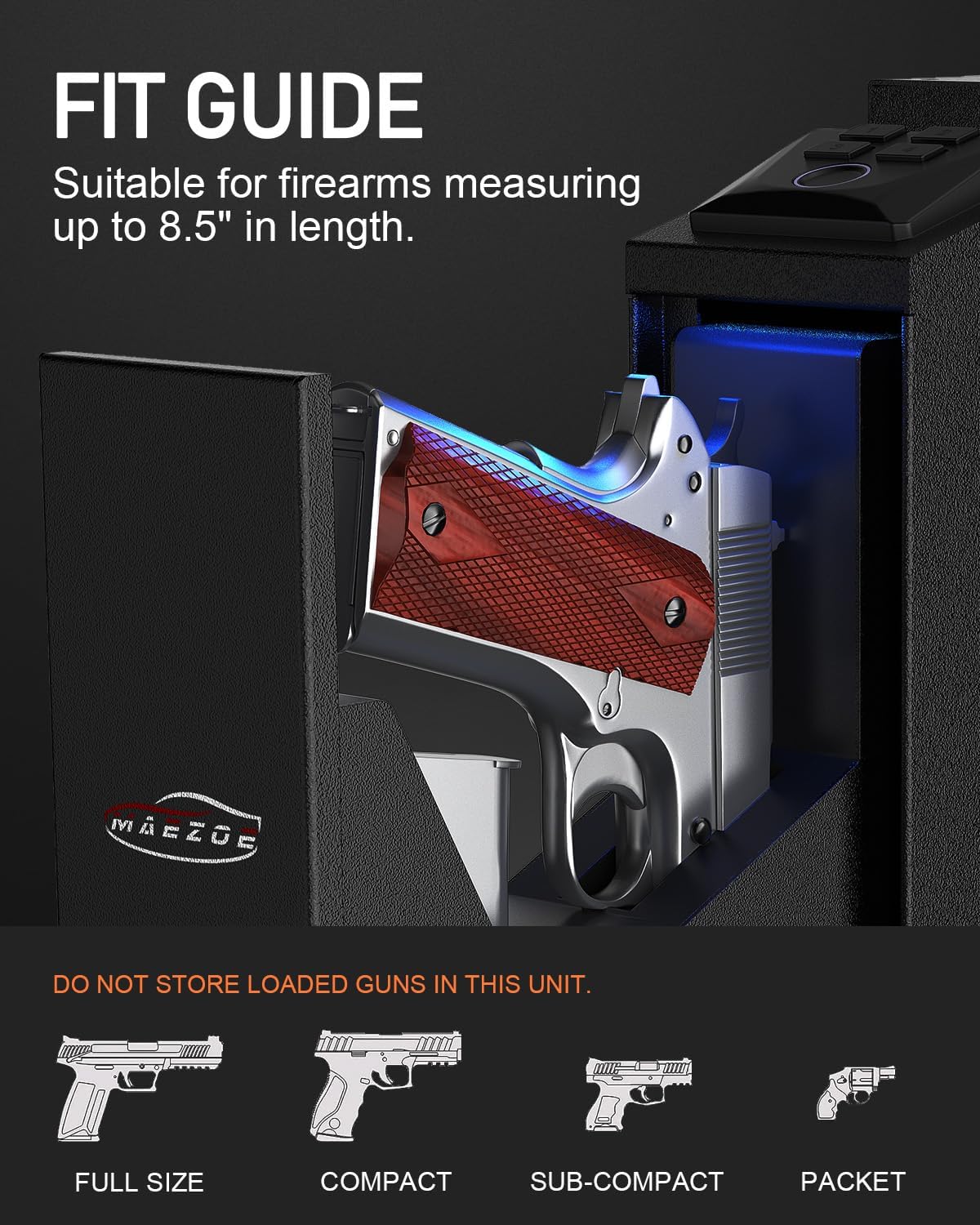Detailed view of the high-resolution fingerprint scanner on the MAEZOE safe, highlighting its 508 DPI resolution, capacity for 30 fingerprints, low error rates (0.001% FAR and FRR), and 0.5-second quick response time.