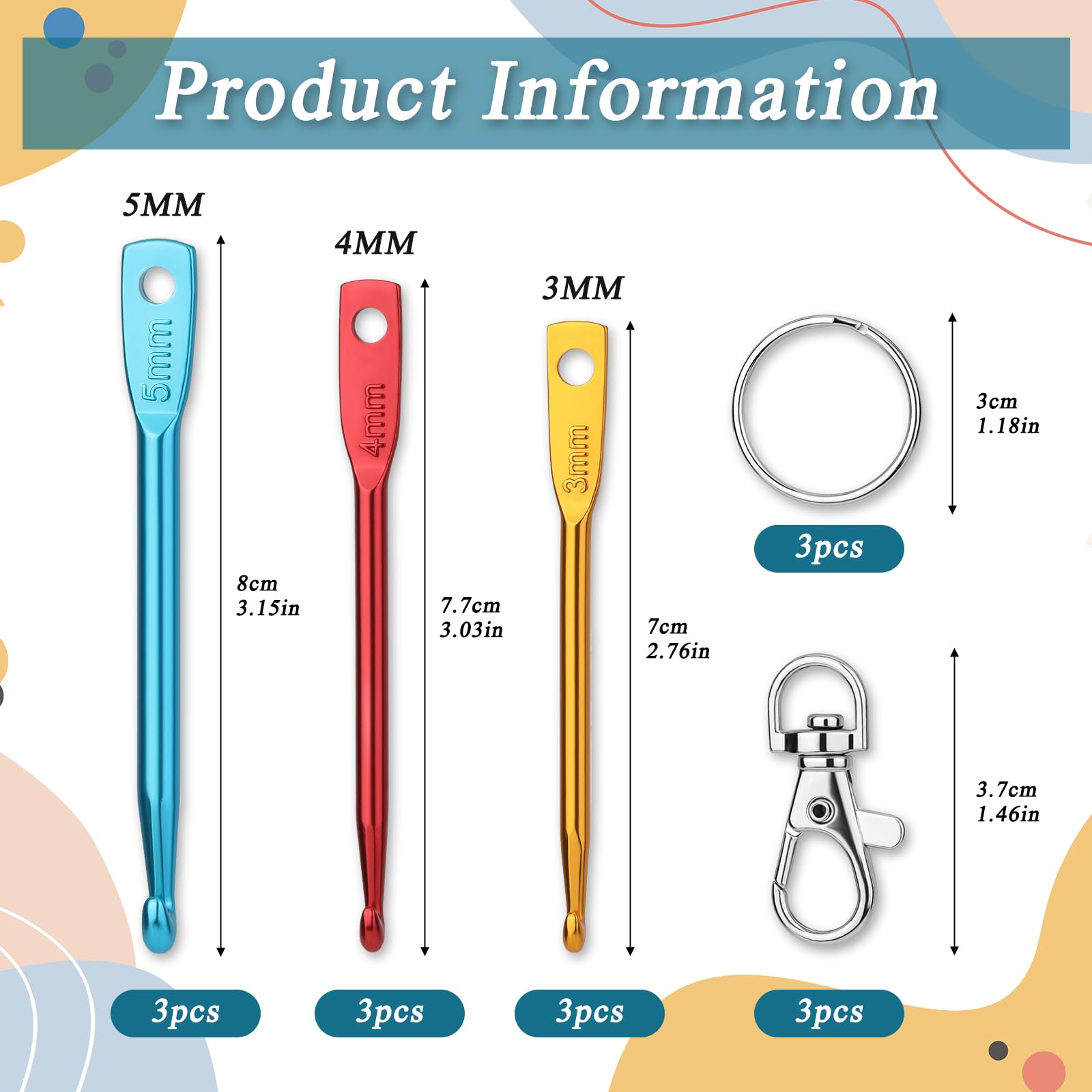 SHWAKK 3 Sets Mini Crochet Hook Keychain, 3 Size Aluminum Crochet Knitting Needles with Swivel Suitable for Yarn Knitting, Perfect for Beginners (3mm, 4mm, 5mm) - 3