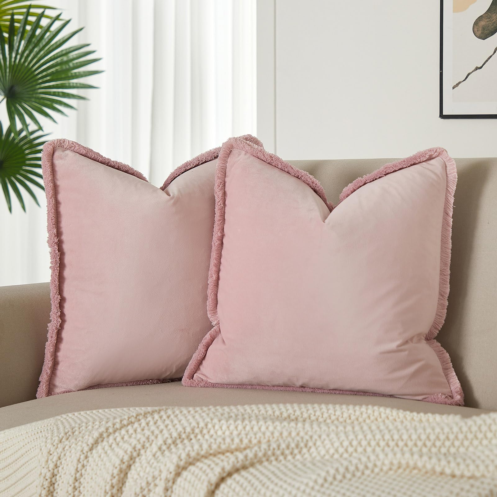 JUSPURBET Pack of 2 Pink Decorative Fringe Velvet Throw Pillow Covers 26x26 for Home Decor Living Room Bedroom Car Boho Soft Cushion Cover with Hidden Zipper Machine Washable — image 1