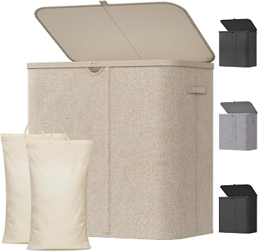 Lifewit 145L Laundry Basket with Lid, Double Washing Basket with Handles and Bag, Large Foldable Dirty Clothes Organiser with Plastic Frame for Laundry Room, Bedroom, Bathroom, Beige
