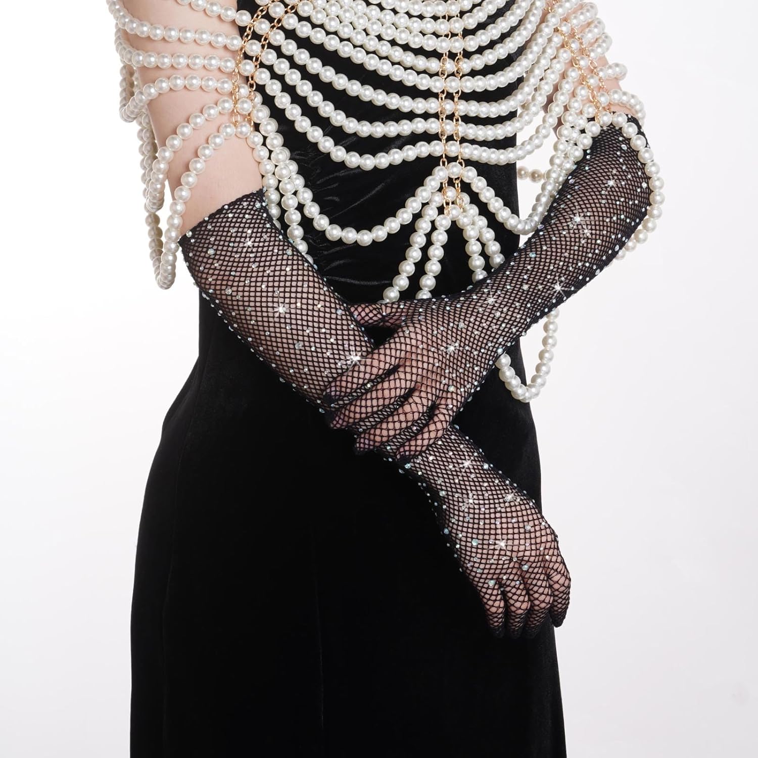 SUMERSHA Women's Rhinestone Fishnet Gloves Long Mesh Sparkly Opera Party Glitter Sheer Gloves for Halloween Costume Accessory - Image 4