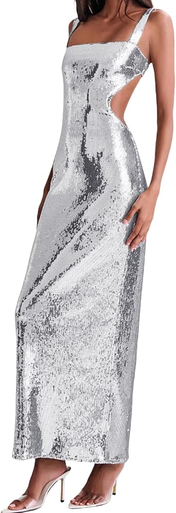 BOLLEY JOSS Womens Sequin Bodycon Maxi Dress Cut Out Waist Open Back Sparkly Long Dress Sexy Backless Cocktail Party Dresses