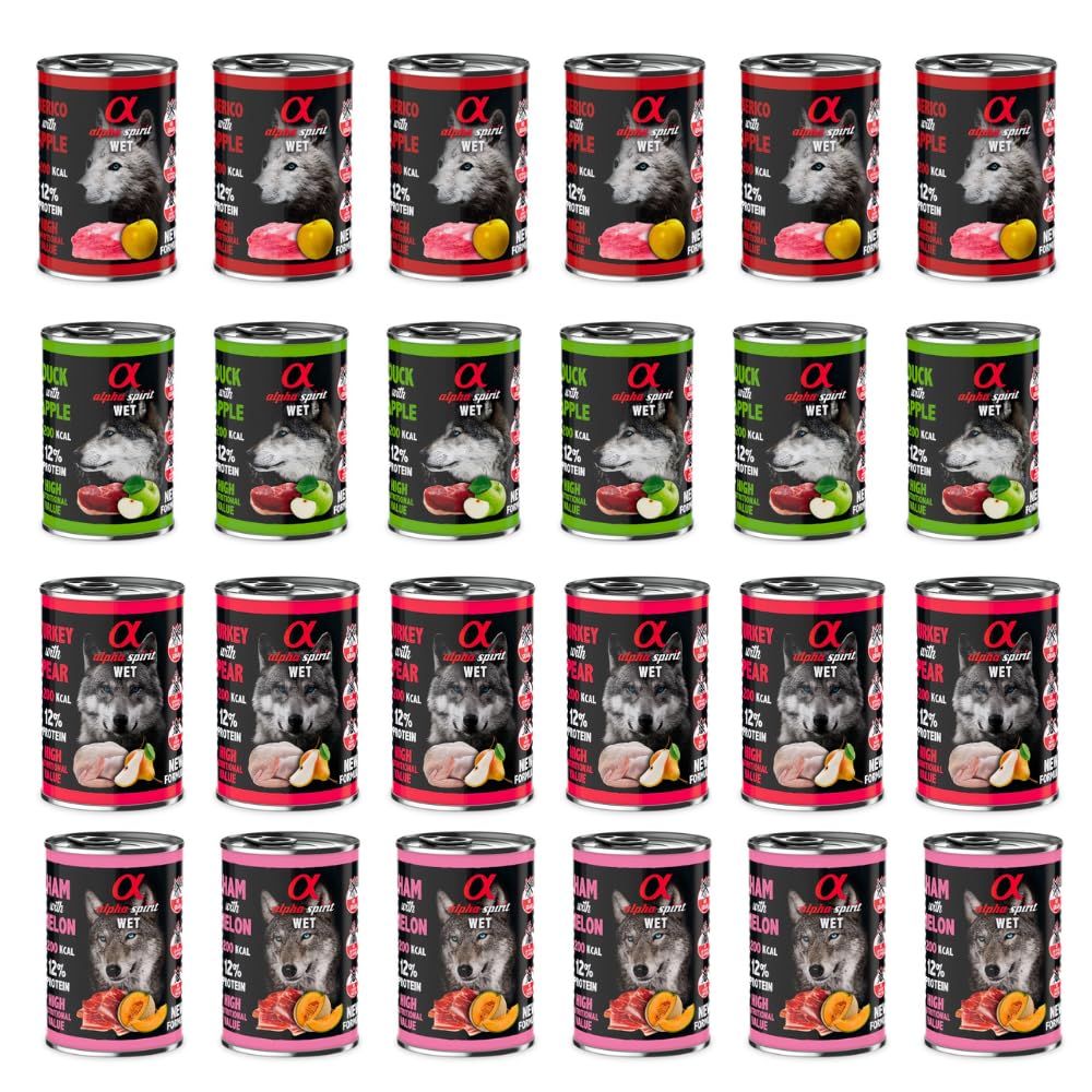 Alpha Spirit Alimento Húmedo Maxi Packs Mensual 24 latas x 400 Gr (Mix 4 Cerdo con Manzana, Pato con Manzana, Pavo con Pera, Jamón con Melón)