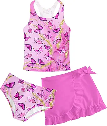 Girls Swimsuits 3 Piece Tankini Bathing Suit Set Cute Bikini Swimwear with Cover Ups Beach Skirt 5-16 Years