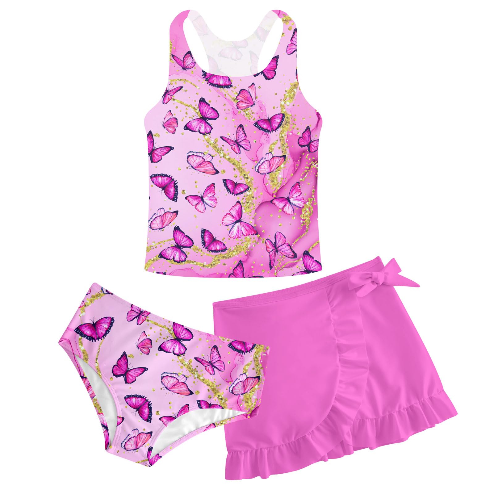 Girls Swimsuits 3 Piece Tankini Bathing Suit Set Cute Bikini Swimwear 5-16Y | 3 Piece, Padded, Cover Up Skirt, Lightweight，Breathable， No Shrink, No Fade, 3D Print Swimsuit for Beach Holiday Vacation