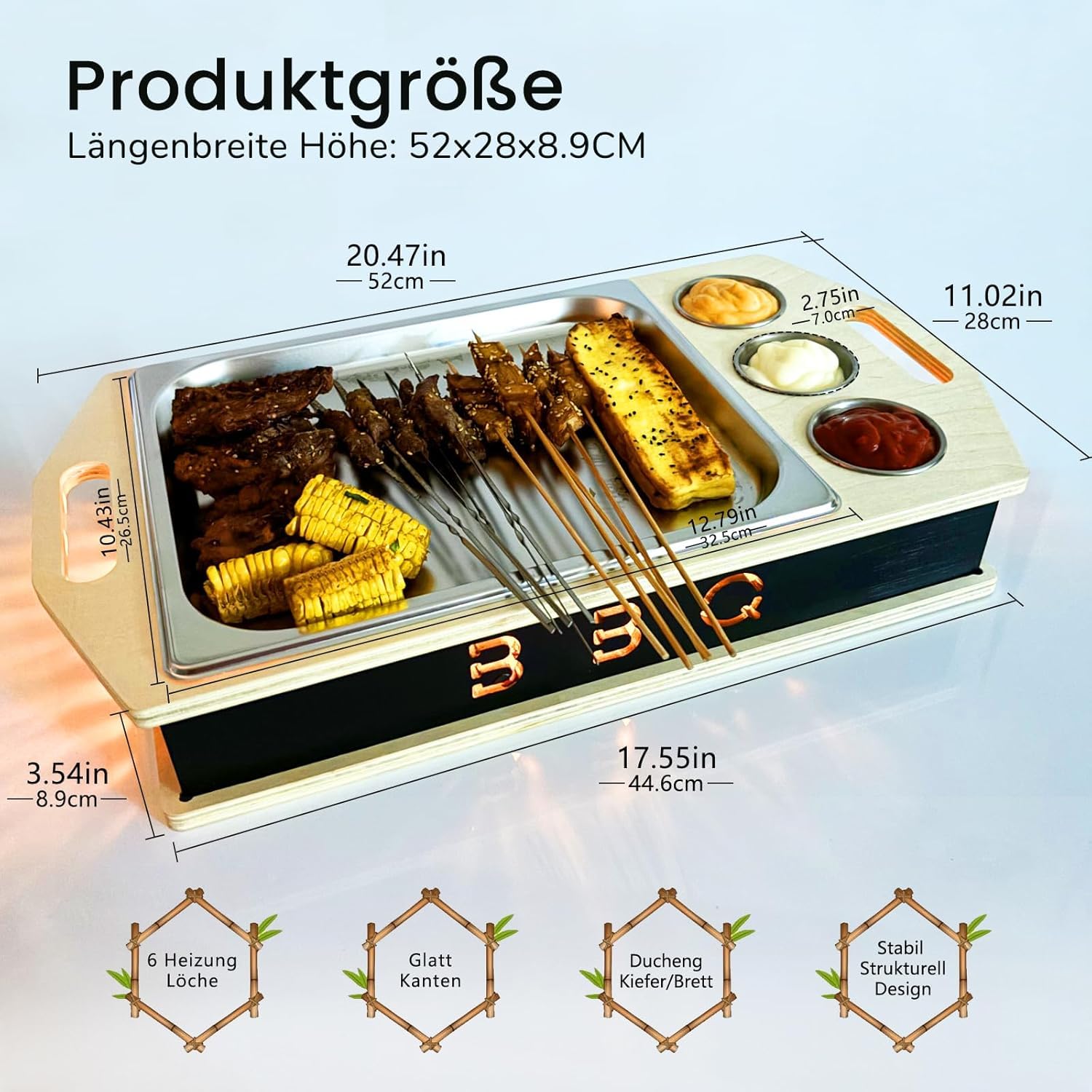 Fleischwarmhalter fürs Grillen, BBQ Board mit Edelstahl Schälchen, Umweltfreundliche Materialien, Grillgut Stövchen für Potlucks BBQ-Party Versammlungen(X)