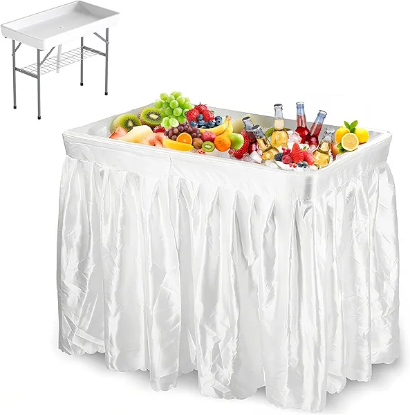 LHBcraft 4 Foot Ice Cooler Table with Matching Skirt & Drain Hose, with Iron Stand, Portable Patio Outdoor Chilling Table Portable Bar for Events for Party, Picnic, BBQ, Camping (White)