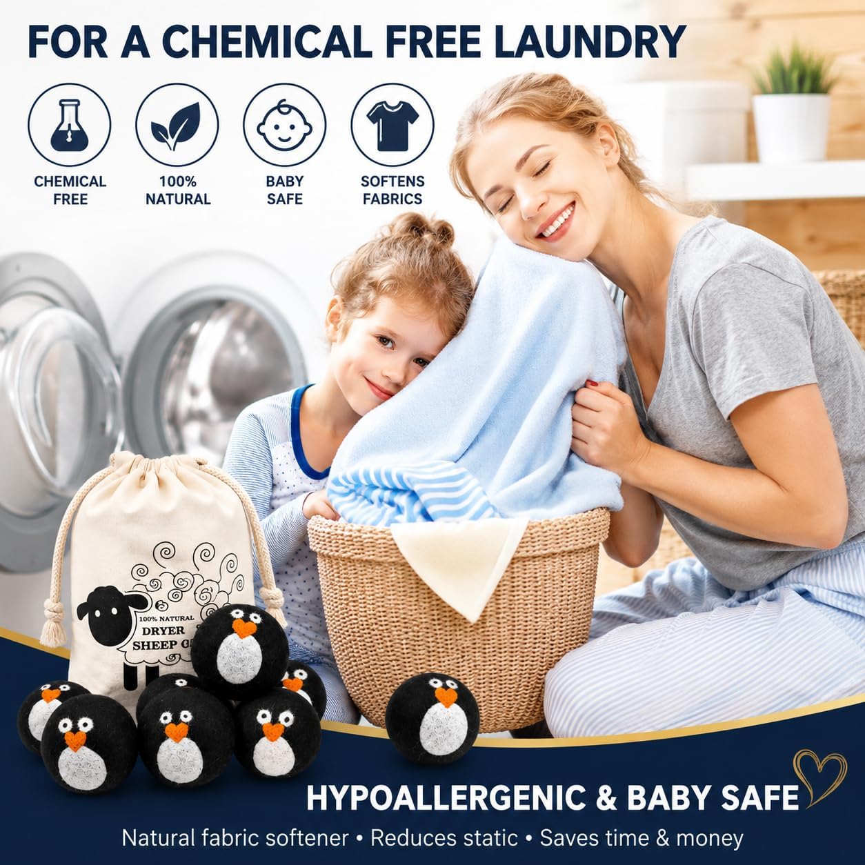 6 Pack Wool Dryer Balls, Penguin Fabric Softener Laundry Balls | 100% wool, XL size, Reusable, Penguin design, 6-piece set, Cotton storage bag