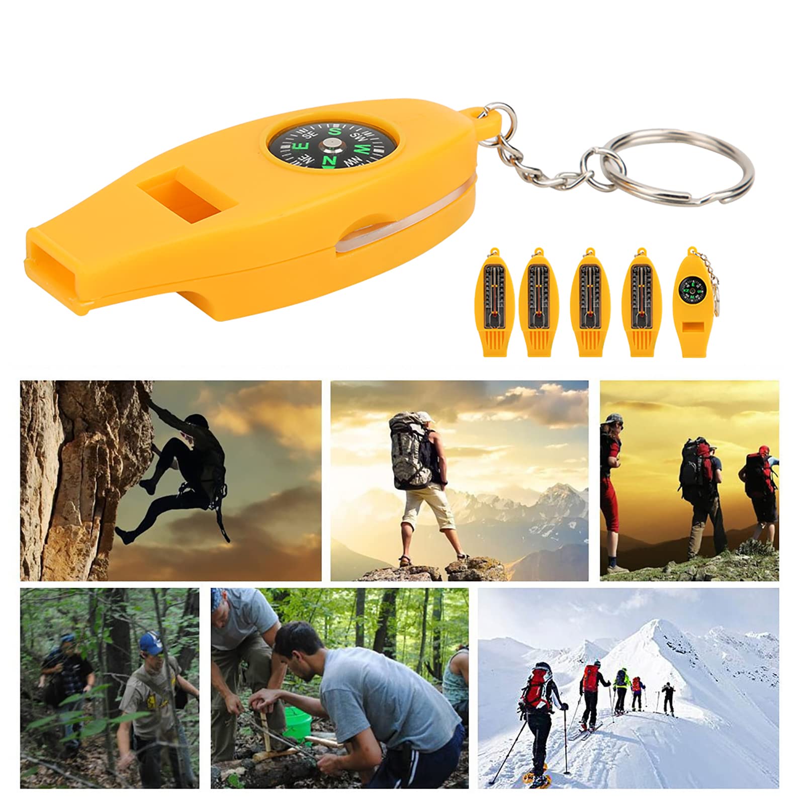 Culnflun Whistle Compass Thermometer Magnifier 4 in 1 Compact Lightweight Outdoor Tool for Camping Hiking Travel ABS Yellow 5PCS