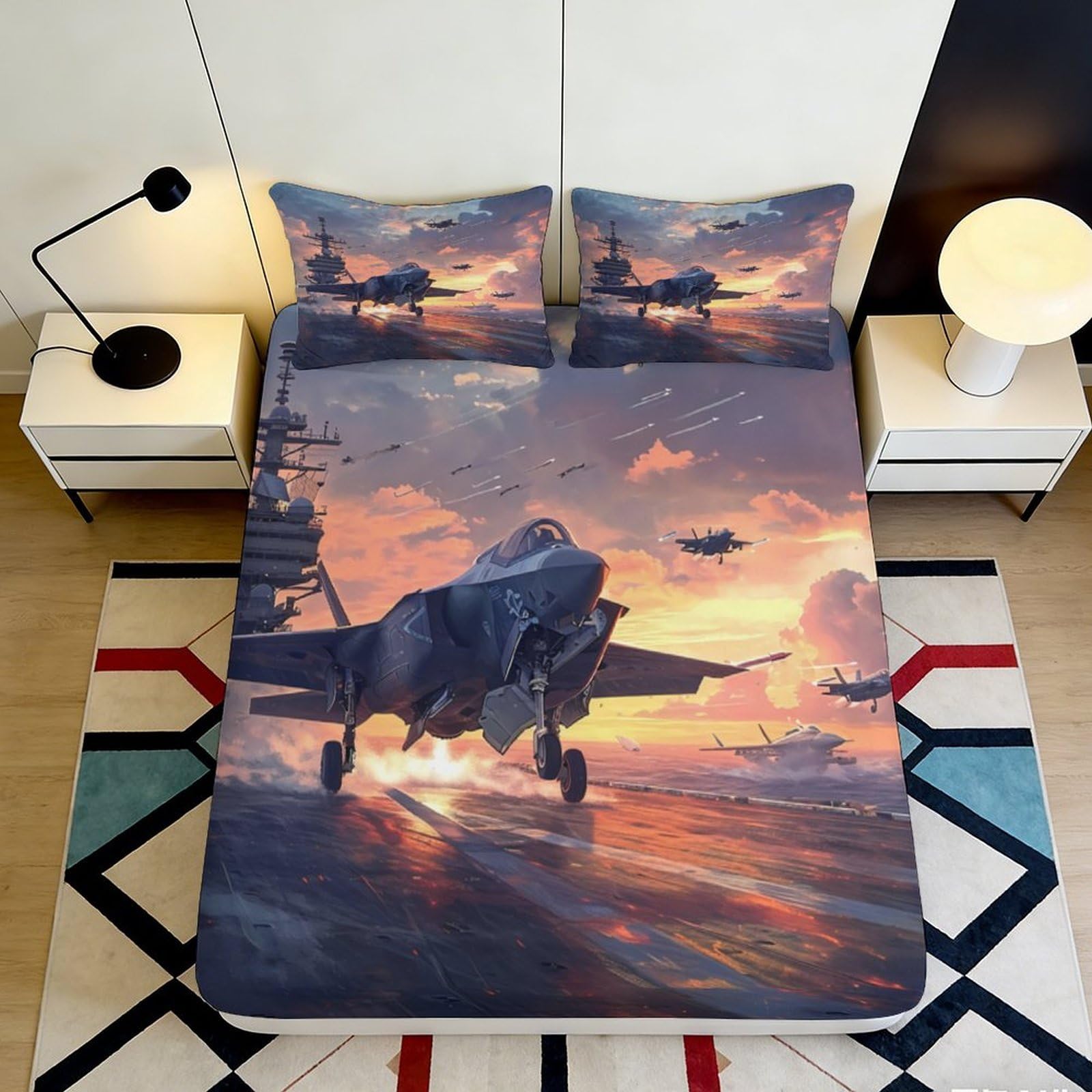 3D Printed Fighter Jet Sunset Fitted Sheet Microfiber Soft Breathable Aircraft Carrier Mattress Cover for Bedroom Dorm Decor 140x200x25cm