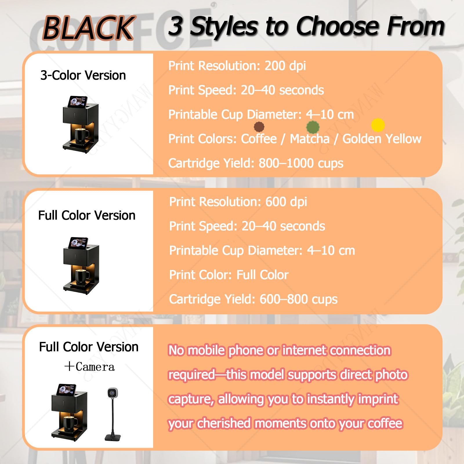 3D Latte Art Coffee Printer Machine Automatic Beverages Food Selfie with Printing safty Grade Ink Cartridges,Interactive Q&A, Answers Printed Directly On Coffee FullColorBlack+Camera