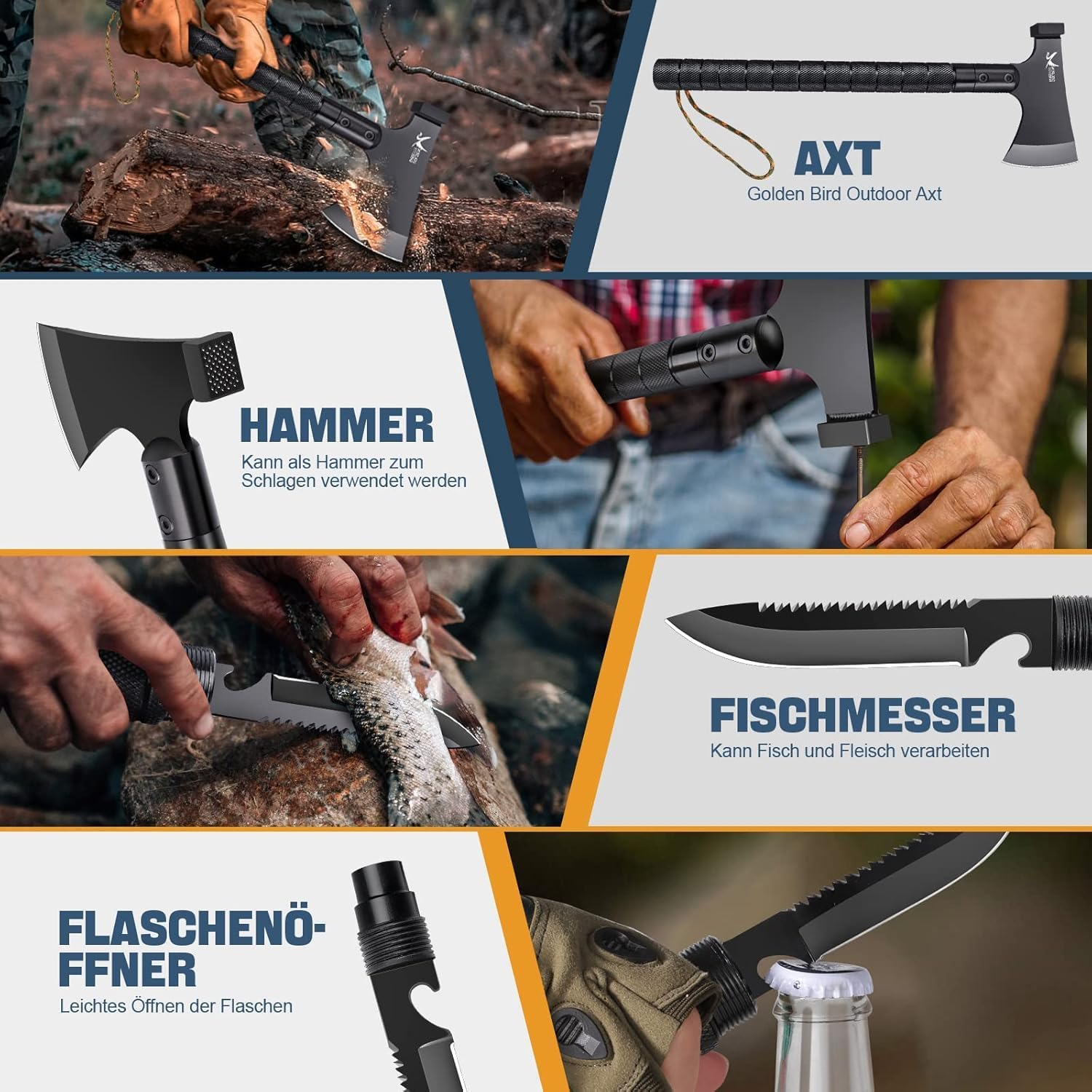 El Hacha de pájaro Dorado sobrevive 9 en 1, el Traje de Hacha de Supervivencia de Campamento, la Herramienta Multiuso de Hacha de Campamento Afilada con Tubo hammershade, la brújula