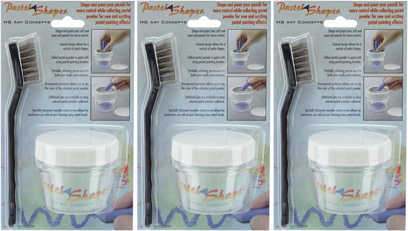 Pastel Sharpener & Shaper with Storage Jar Shapes Soft Pastels to A Point Or Shape - Complete Set with Wire Brush, Mesh Funnel & Storage Jars - 3 Pack