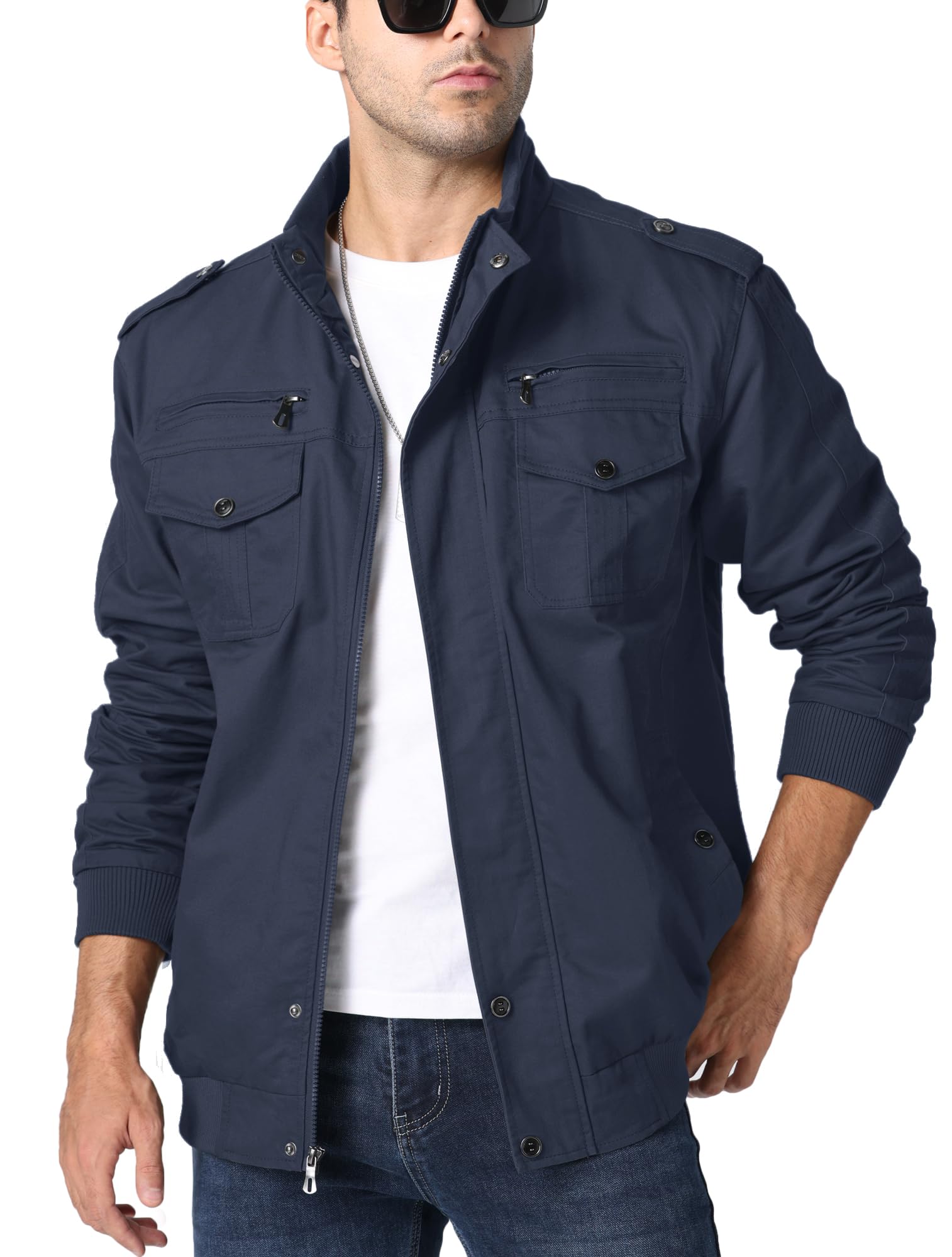 KEFITEVD Herren Übergangsjacke Leicht Herbstjacke Fliegerjacke Stehkragen Bomberjacke Baumwolle Army Feldjacke Cargo Jacke