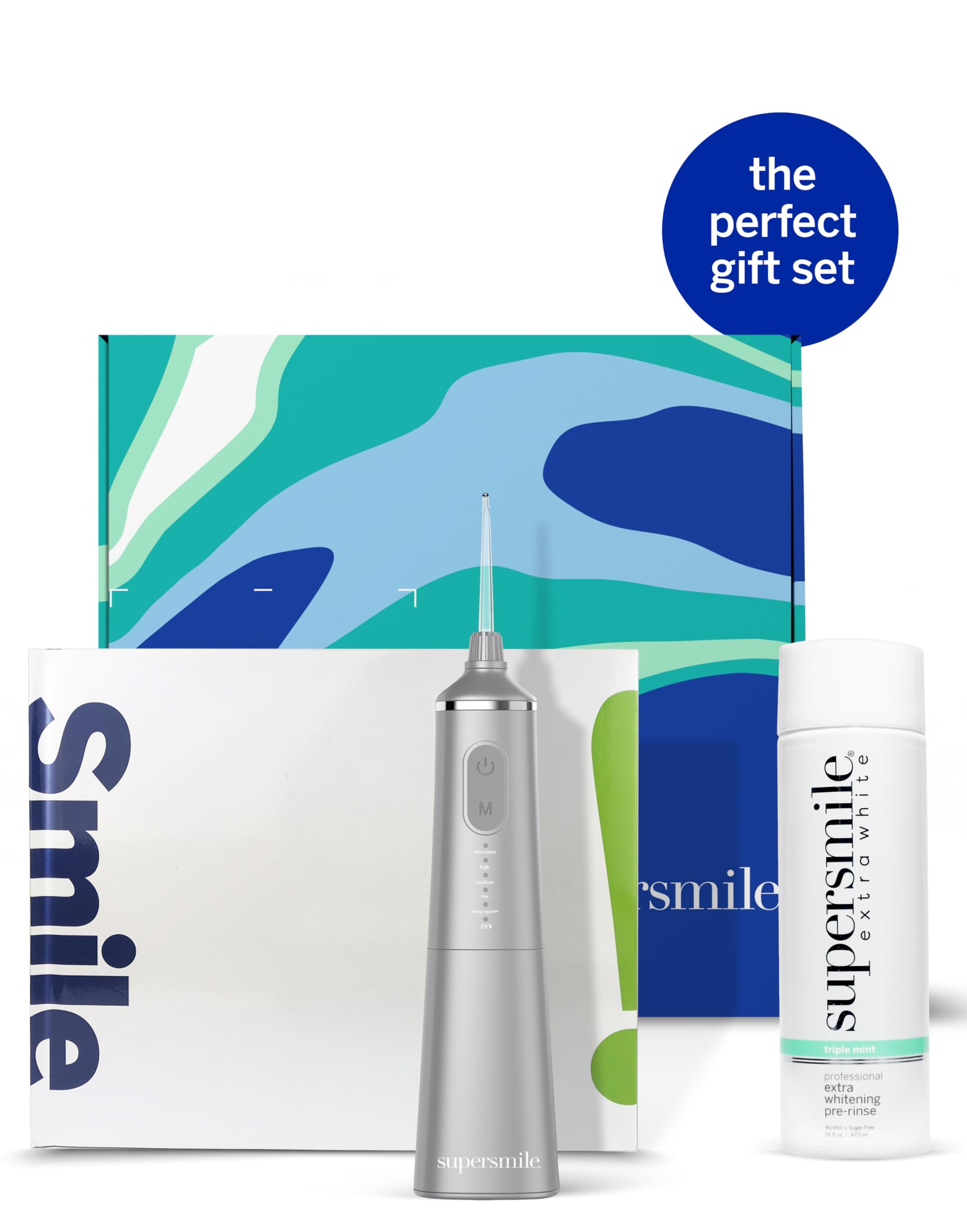 Supersmile Frosted Premium Self-Care Kit – Extra Whitening Pre-Rinse 16 Fl Oz, Professional Zina Water Flosser & Smile Book – Whitens Teeth in Hard-to-Reach Places & Supports Gum Health