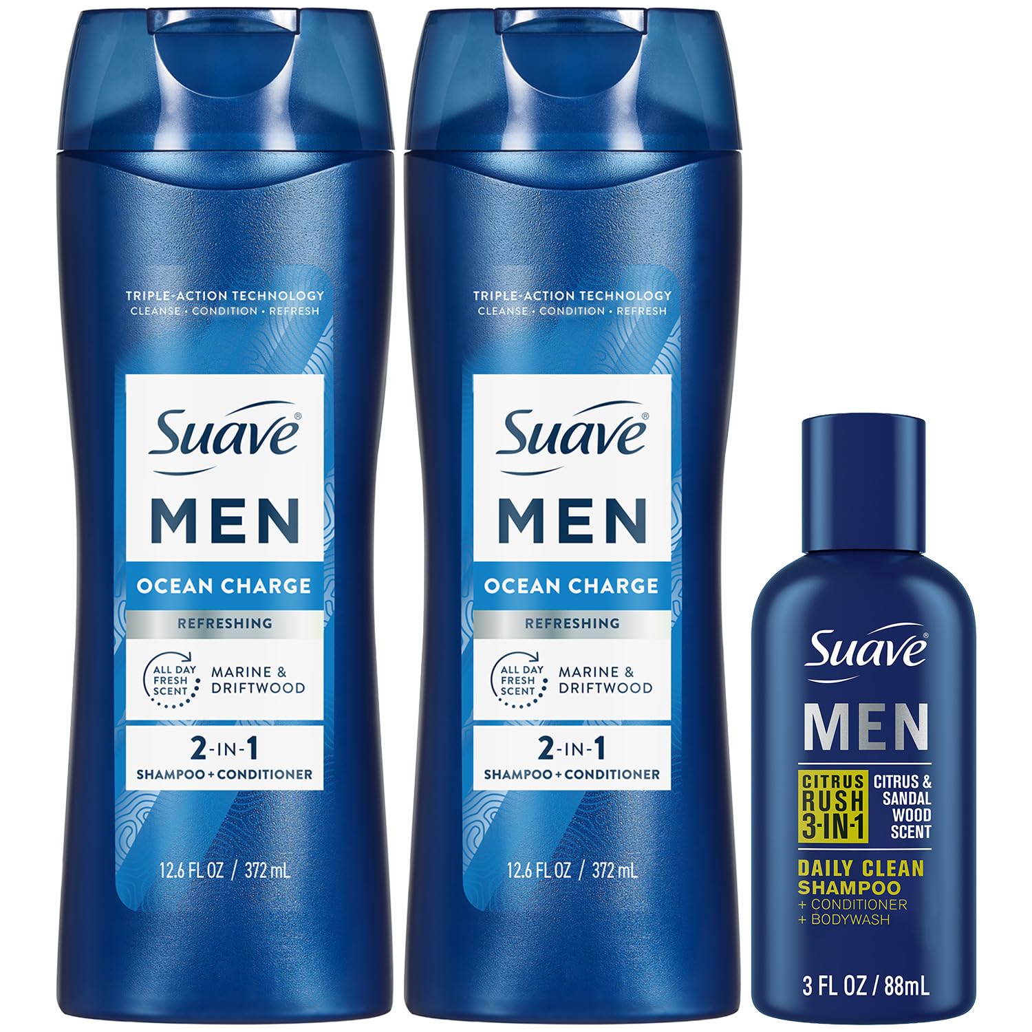 Suave Body Wash, Shampoo & Conditioner 3-in-1, Citrus Rush for Men, Travel Size + Shampoo and Conditioner 2-in-1, Ocean Charge for Men, Full Size, Twin Pack (3 Piece Set)